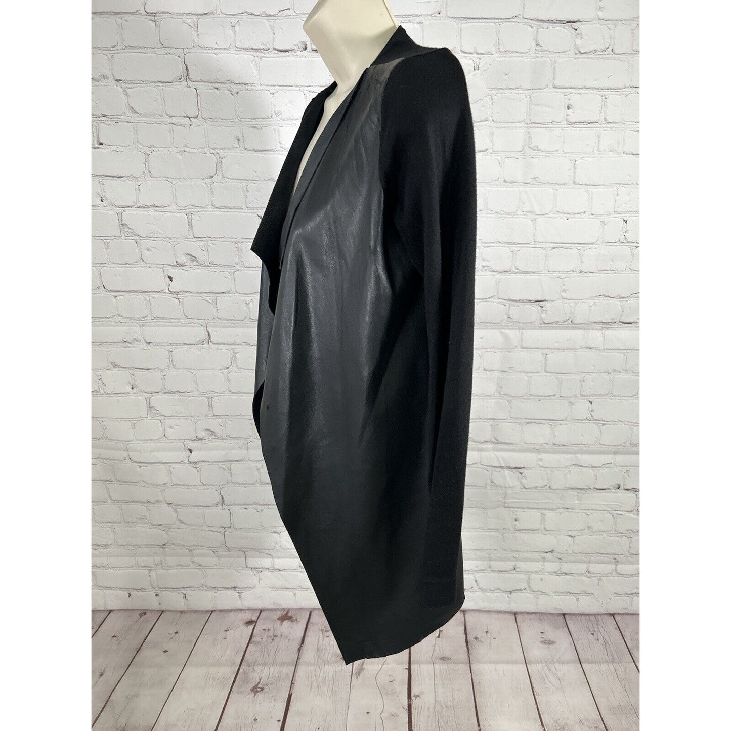 Zara Knit Black Vegan Leather Open Front Waterfall Cardigan Sweater Jacket S