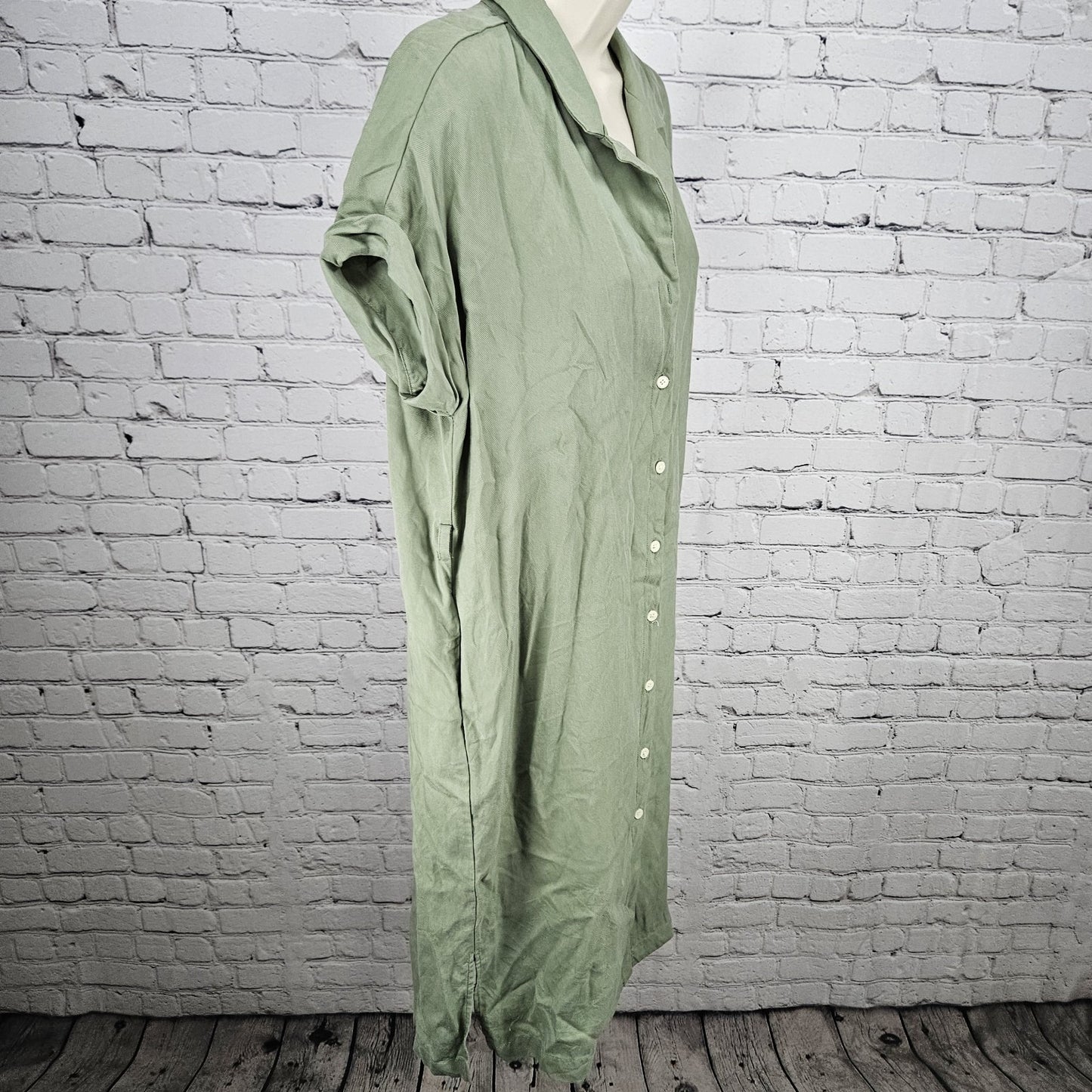 Frank And Oak Green Short Sleeve Oversized Collared Midi Shirt Dress Small S