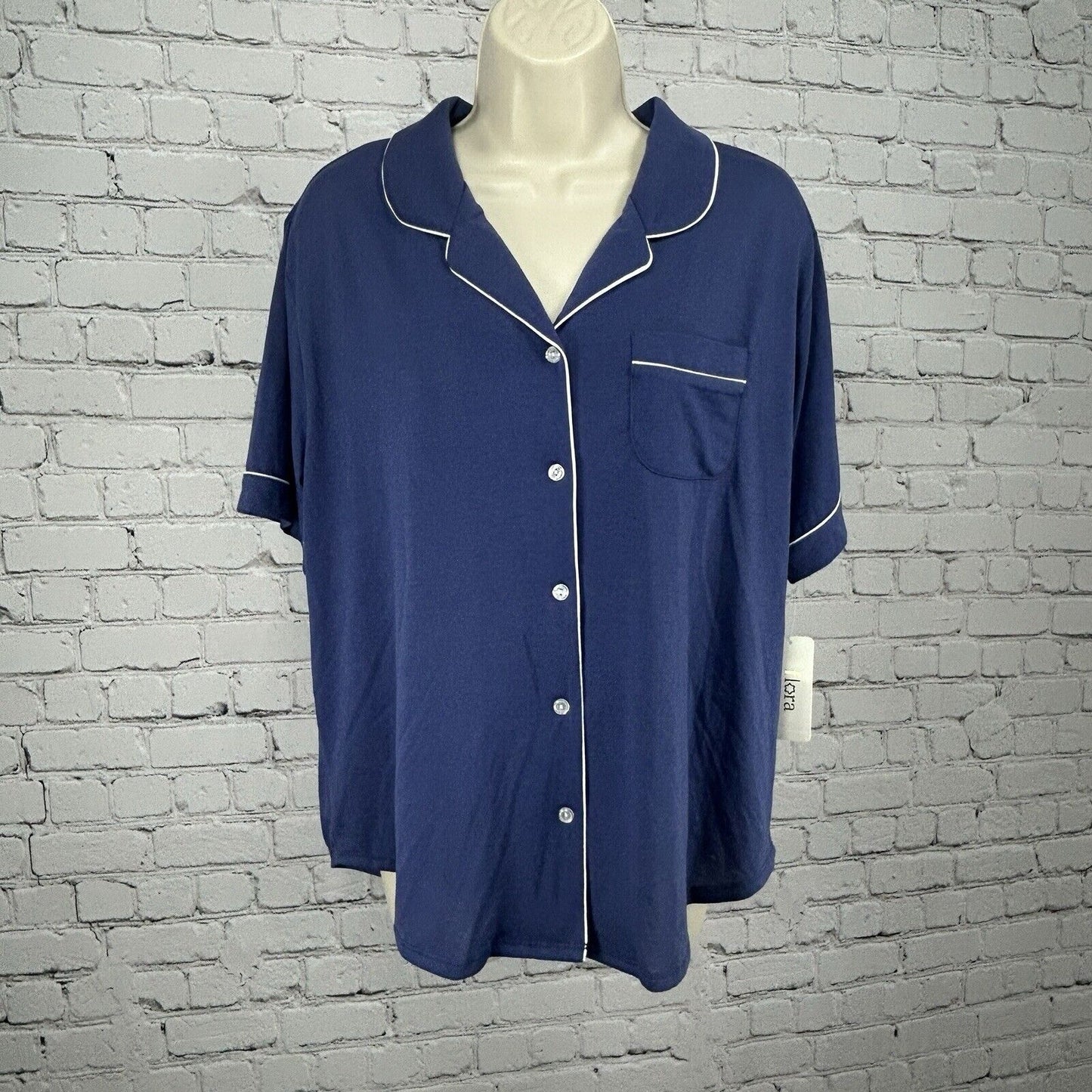 NWT Flora Nikrooz Dark Blue Short Sleeve Button Up Sleep Pajama Top Medium M