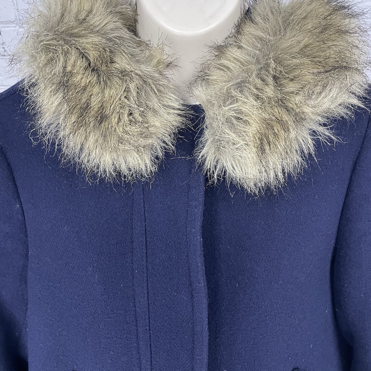J.CREW Navy Wool Blend Zipped Snapped Removable Fur Trim Hooded Coat Size 10