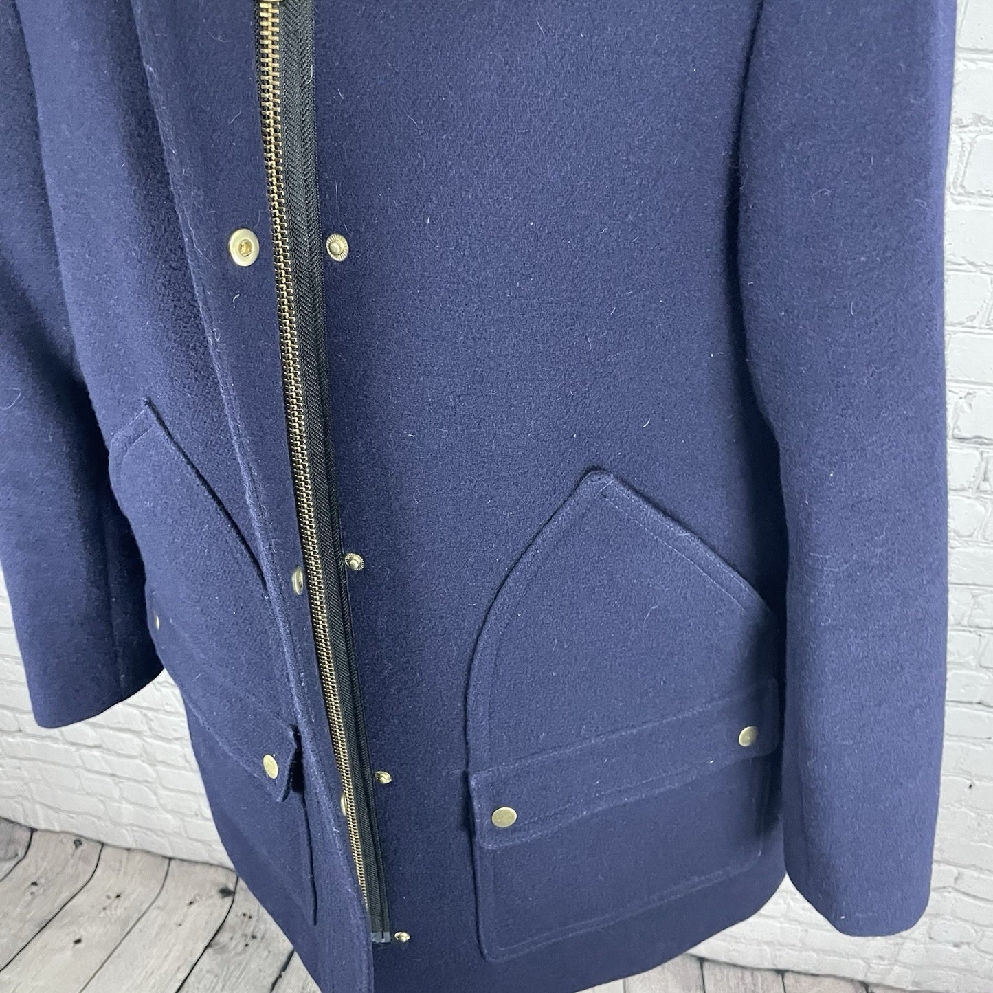J.CREW Navy Wool Blend Zipped Snapped Removable Fur Trim Hooded Coat Size 10