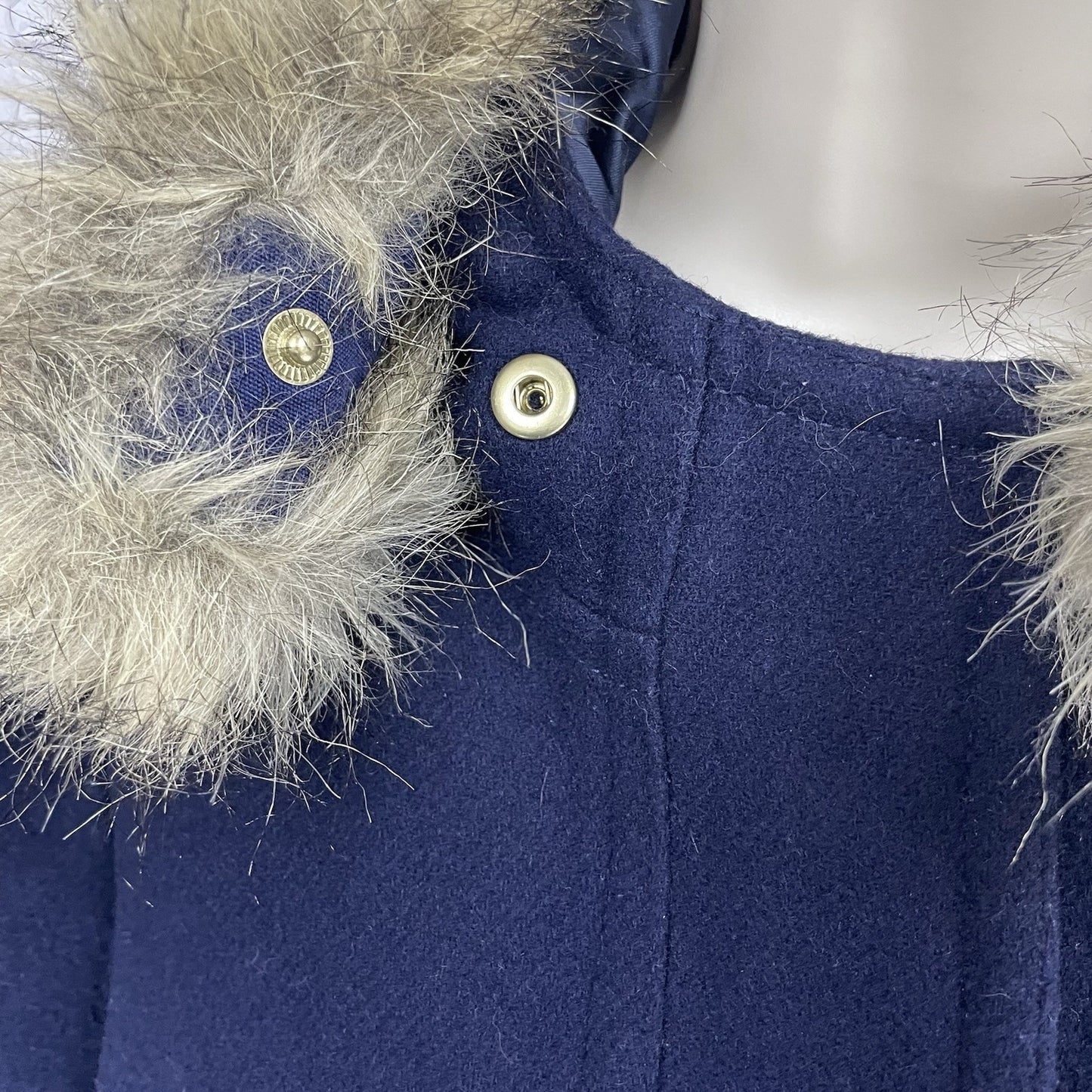 J.CREW Navy Wool Blend Zipped Snapped Removable Fur Trim Hooded Coat Size 10
