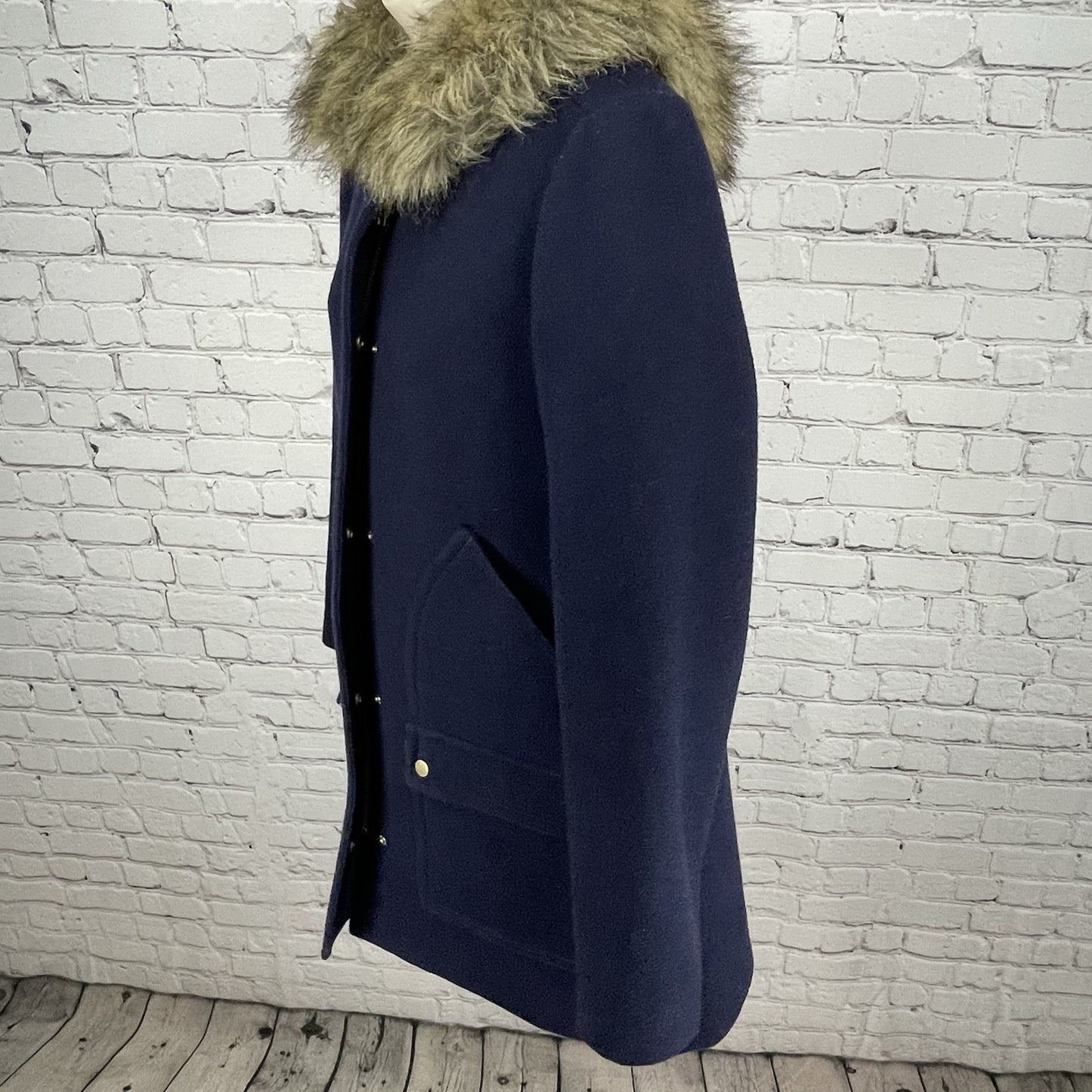 J.CREW Navy Wool Blend Zipped Snapped Removable Fur Trim Hooded Coat Size 10