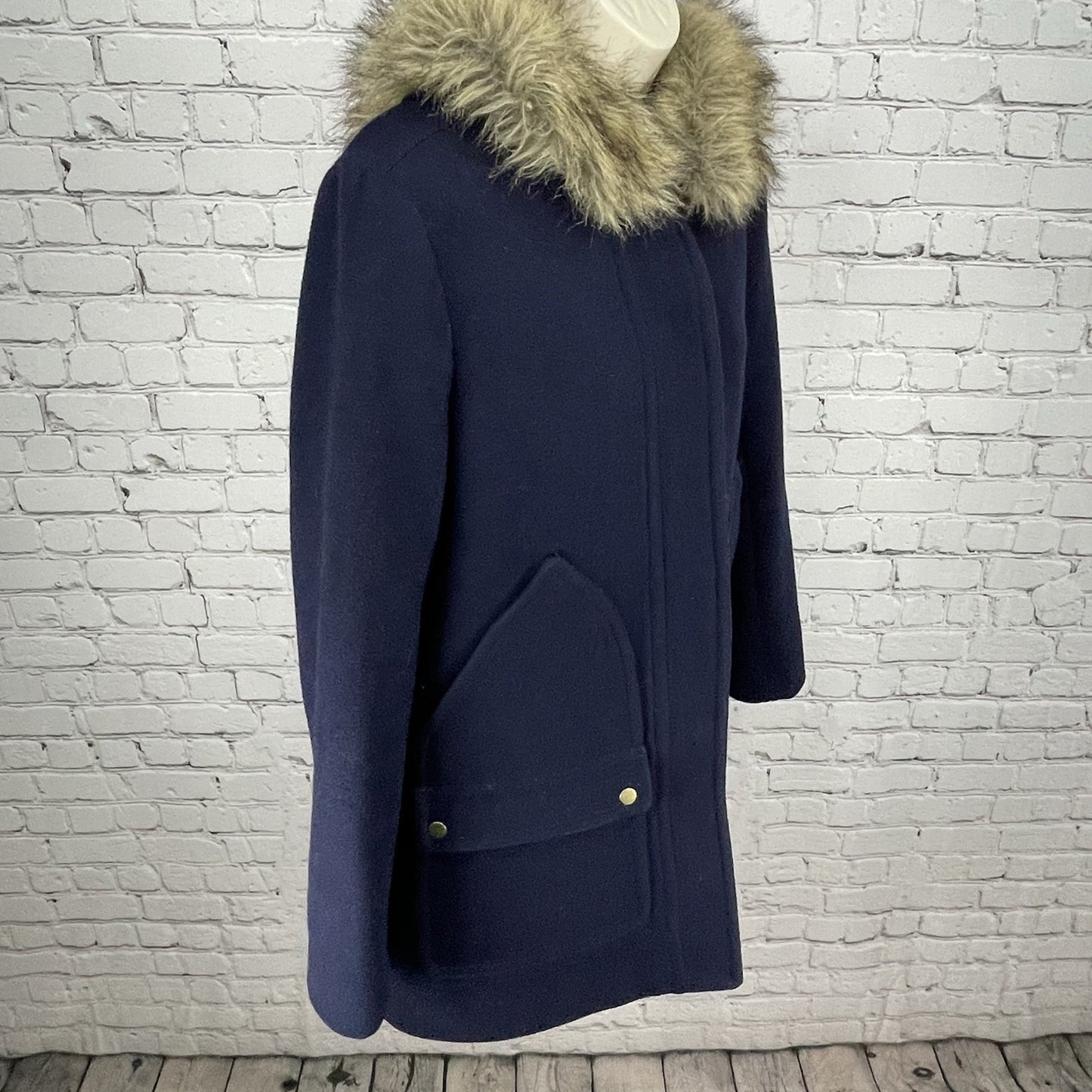 J.CREW Navy Wool Blend Zipped Snapped Removable Fur Trim Hooded Coat Size 10