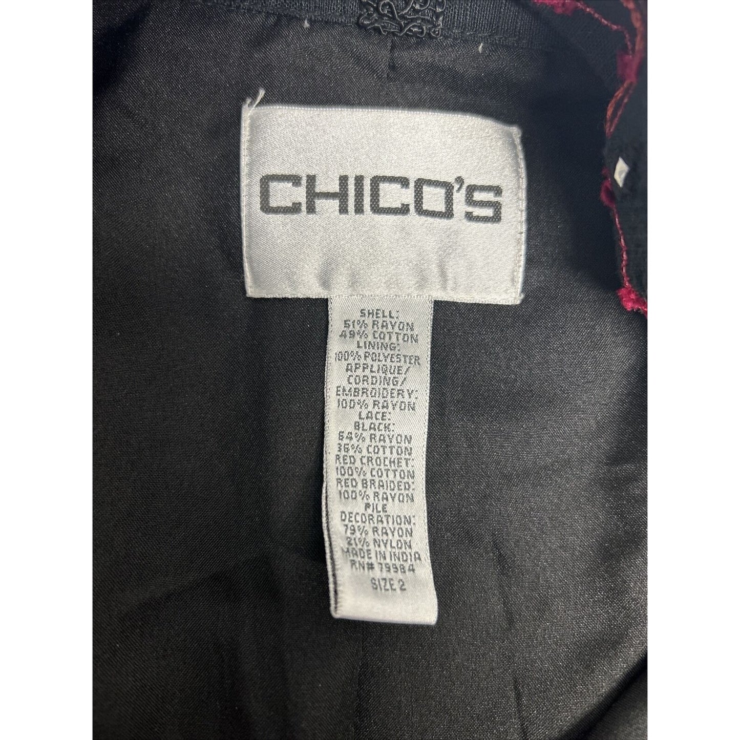 Chicos Black Red Velvet Accents Sequined Beaded Long Sleeve Top Button Up M