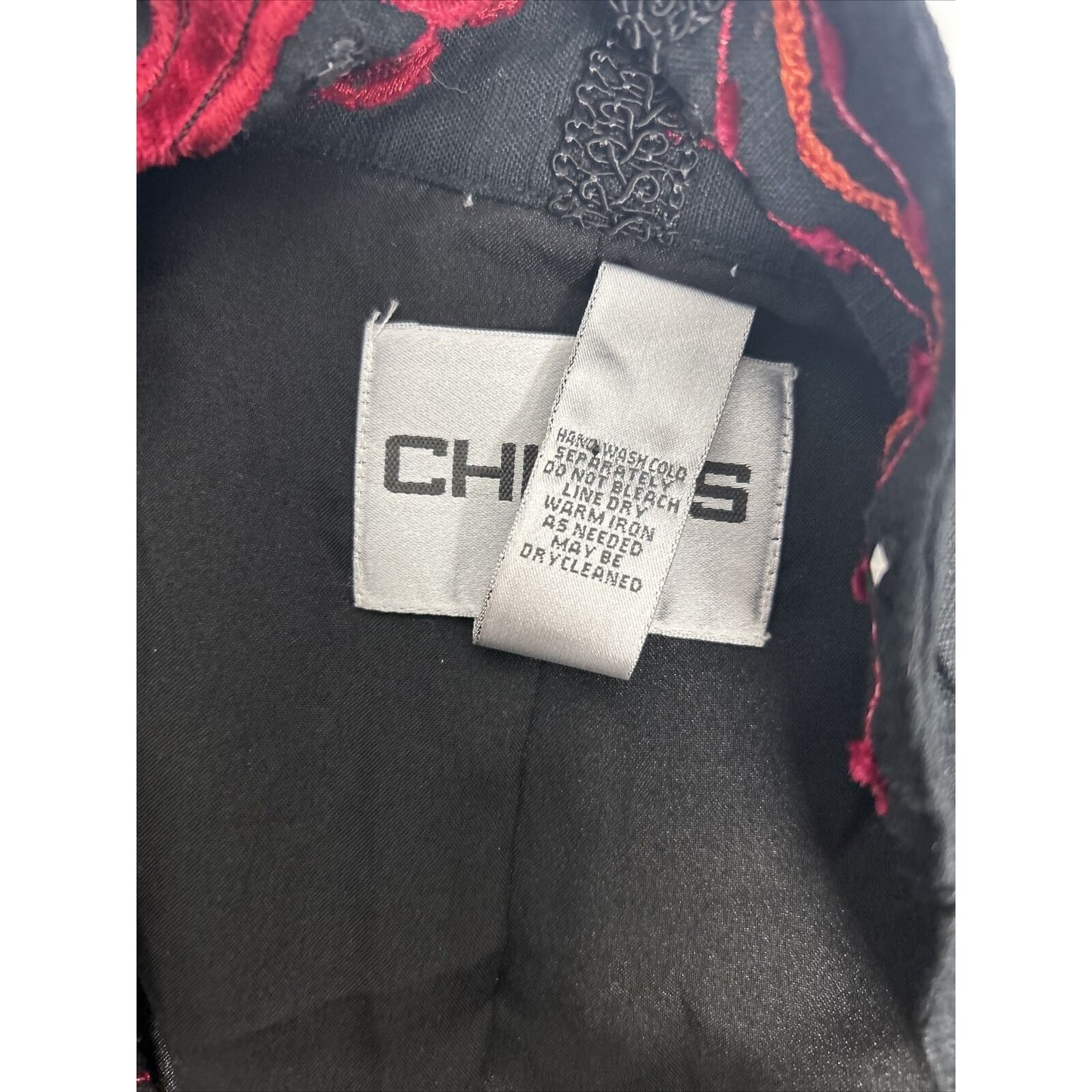 Chicos Black Red Velvet Accents Sequined Beaded Long Sleeve Top Button Up M