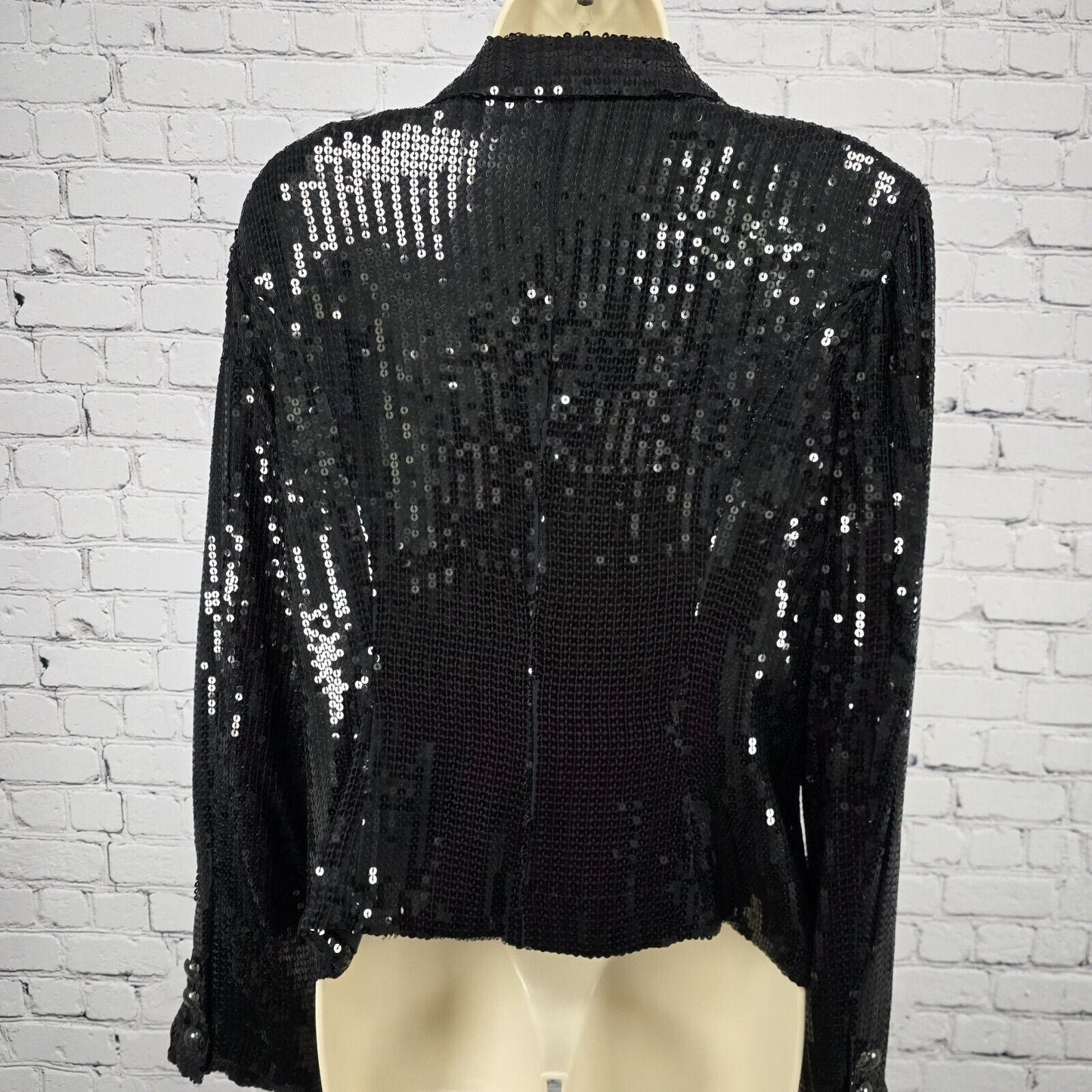 VTG WDNY 100% Silk Sequin Double Snap Faux Button Lined Blazer Black Size 10