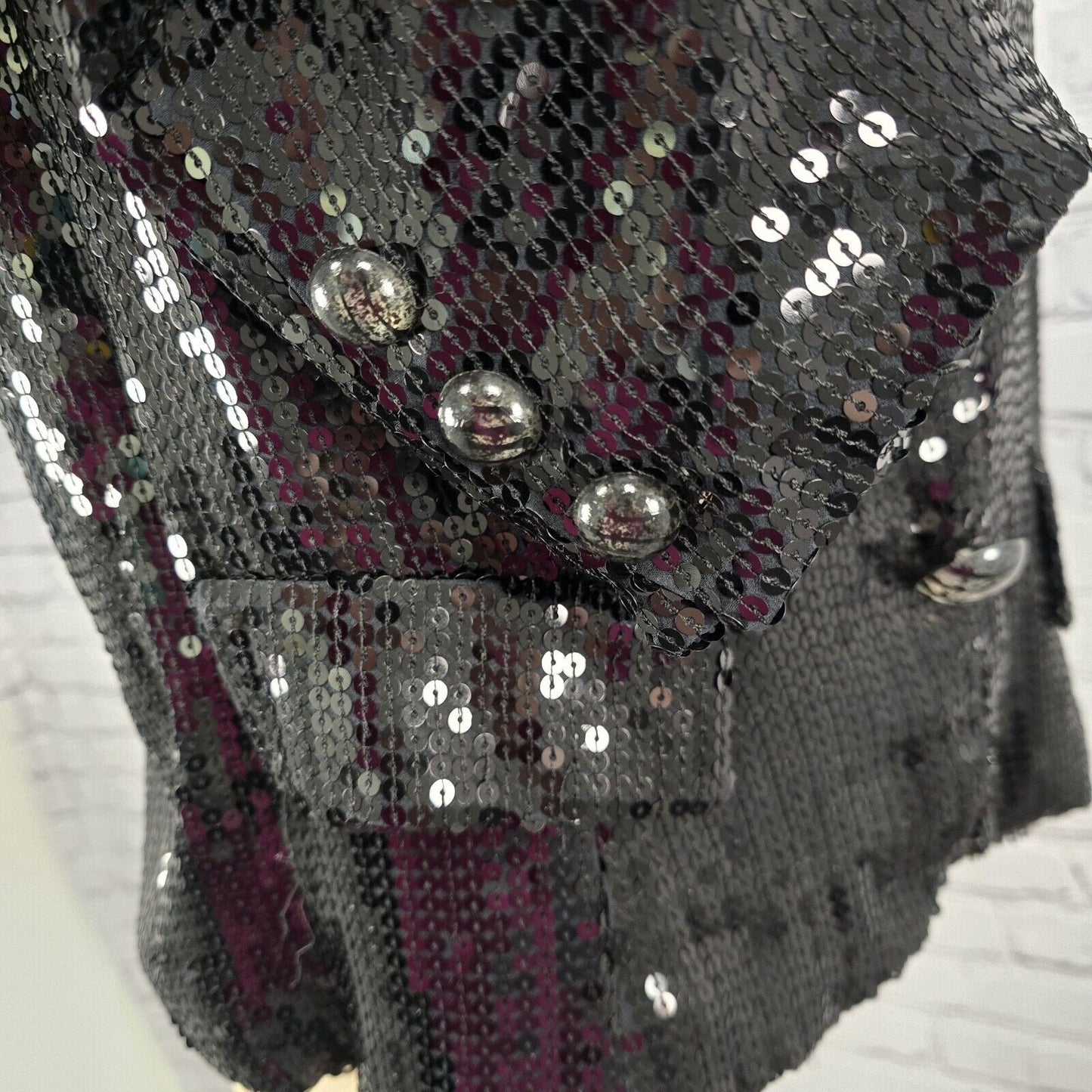 VTG WDNY 100% Silk Sequin Double Snap Faux Button Lined Blazer Black Size 10