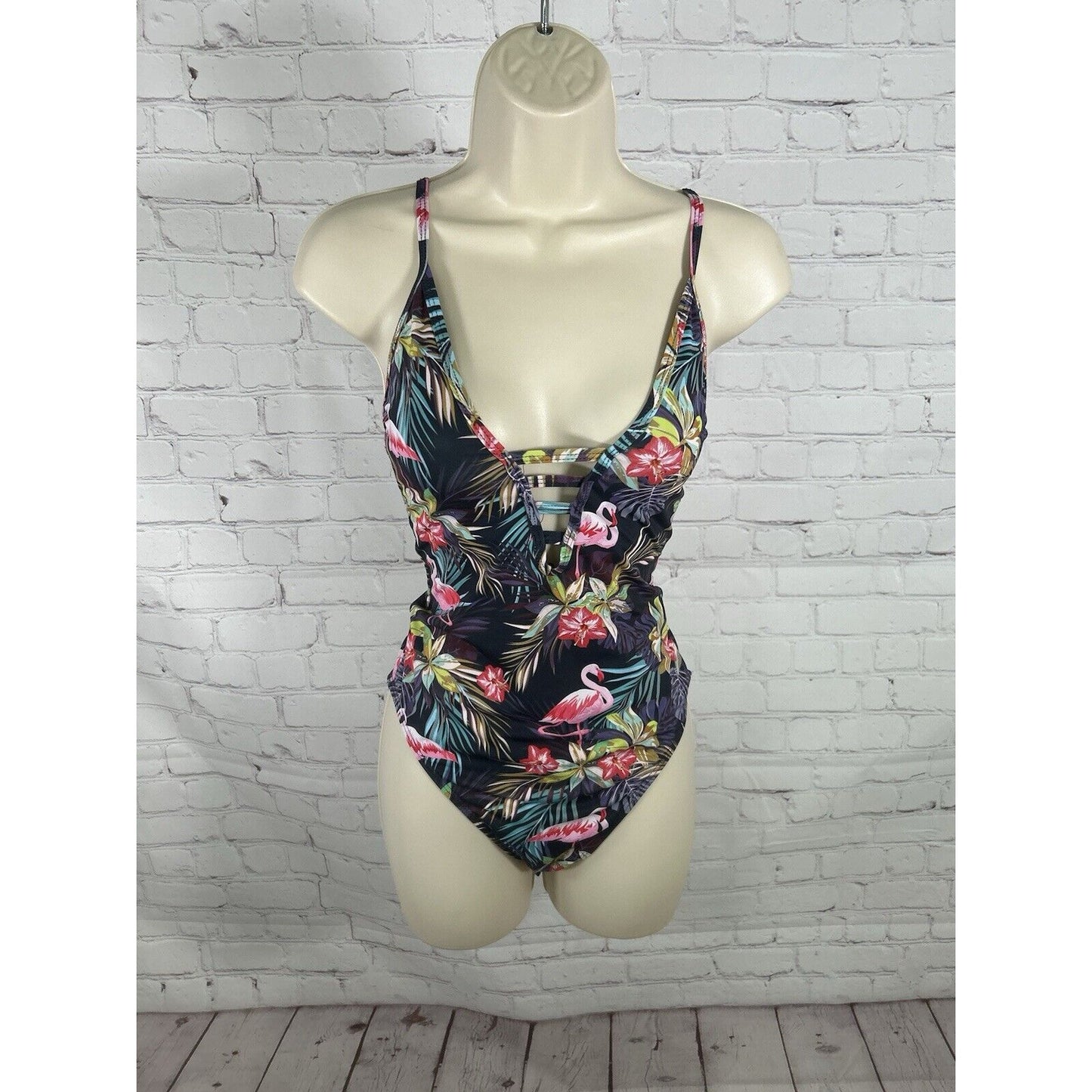 Beach Joy Tropical Floral Deep V One Piece Lace Up Back Swimsuit Women’s S
