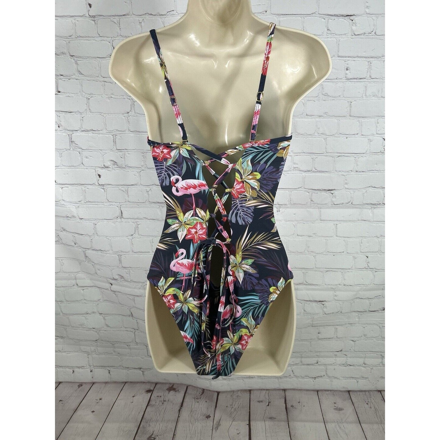 Beach Joy Tropical Floral Deep V One Piece Lace Up Back Swimsuit Women’s S