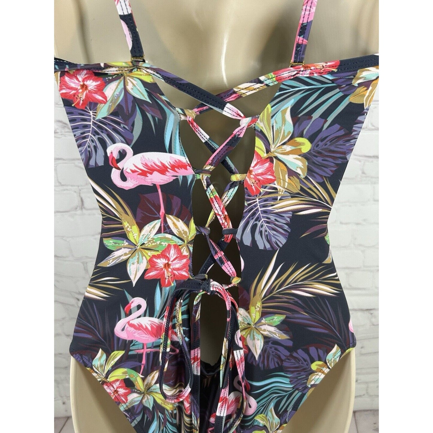 Beach Joy Tropical Floral Deep V One Piece Lace Up Back Swimsuit Women’s S