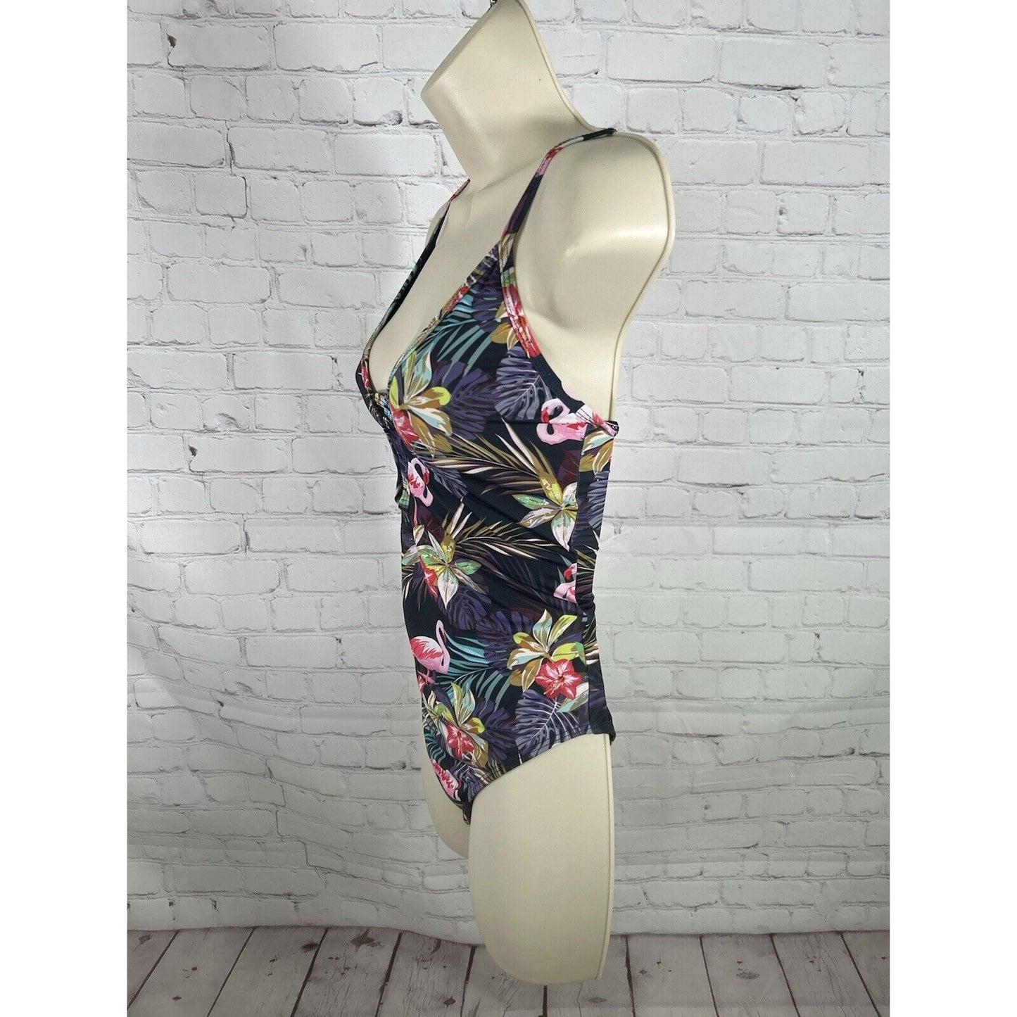 Beach Joy Tropical Floral Deep V One Piece Lace Up Back Swimsuit Women’s S