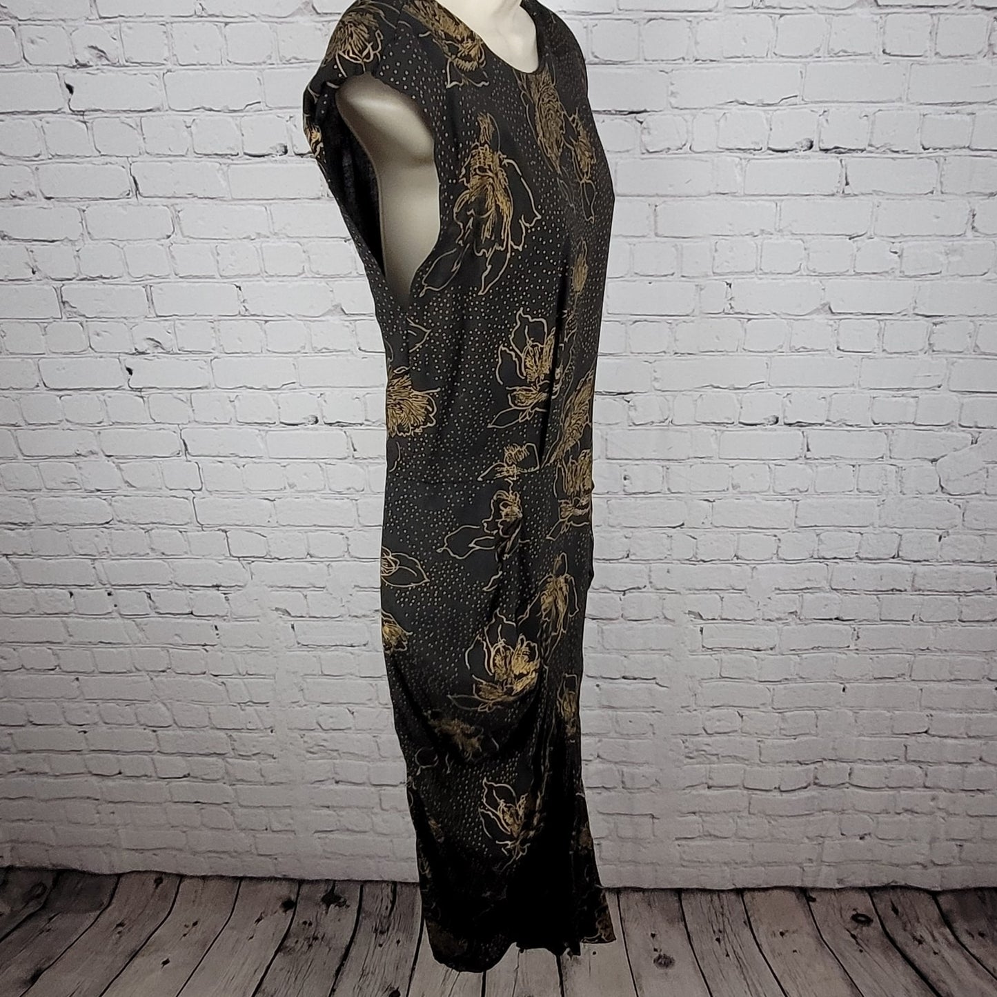 VTG Milanzo Black & Gold Floral Shoulder Pad Pegged Midi Dress USA Made Size 11