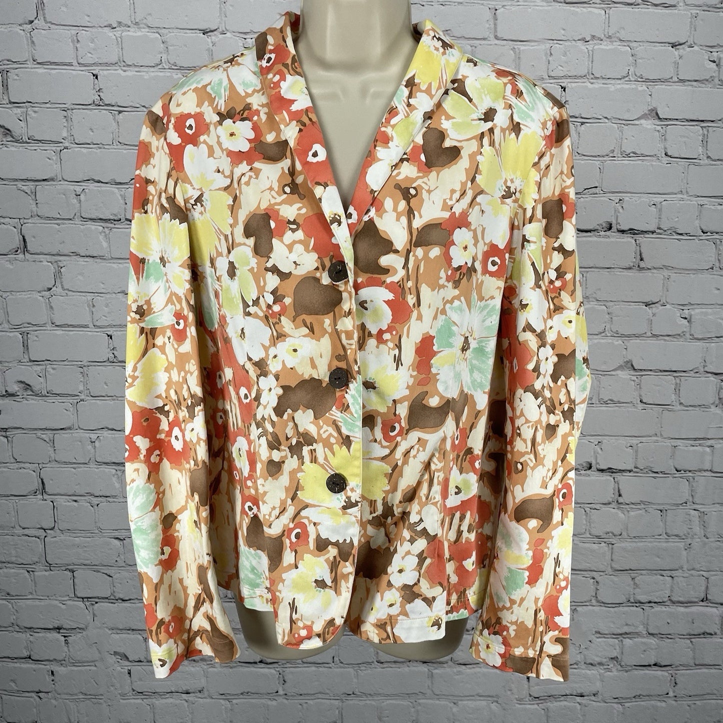 Coldwater Creek Floral Cotton Lightweight 3 Button Blazer Jacket Size Large L