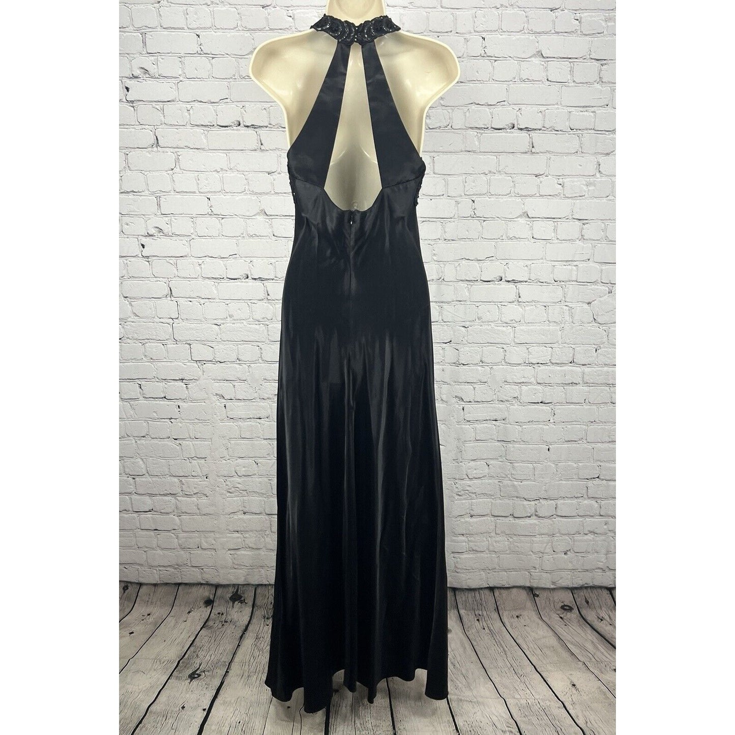 Vintage Faviana Black Glittery High Neck Halter Satin Maxi Dress Gown USA 7/8