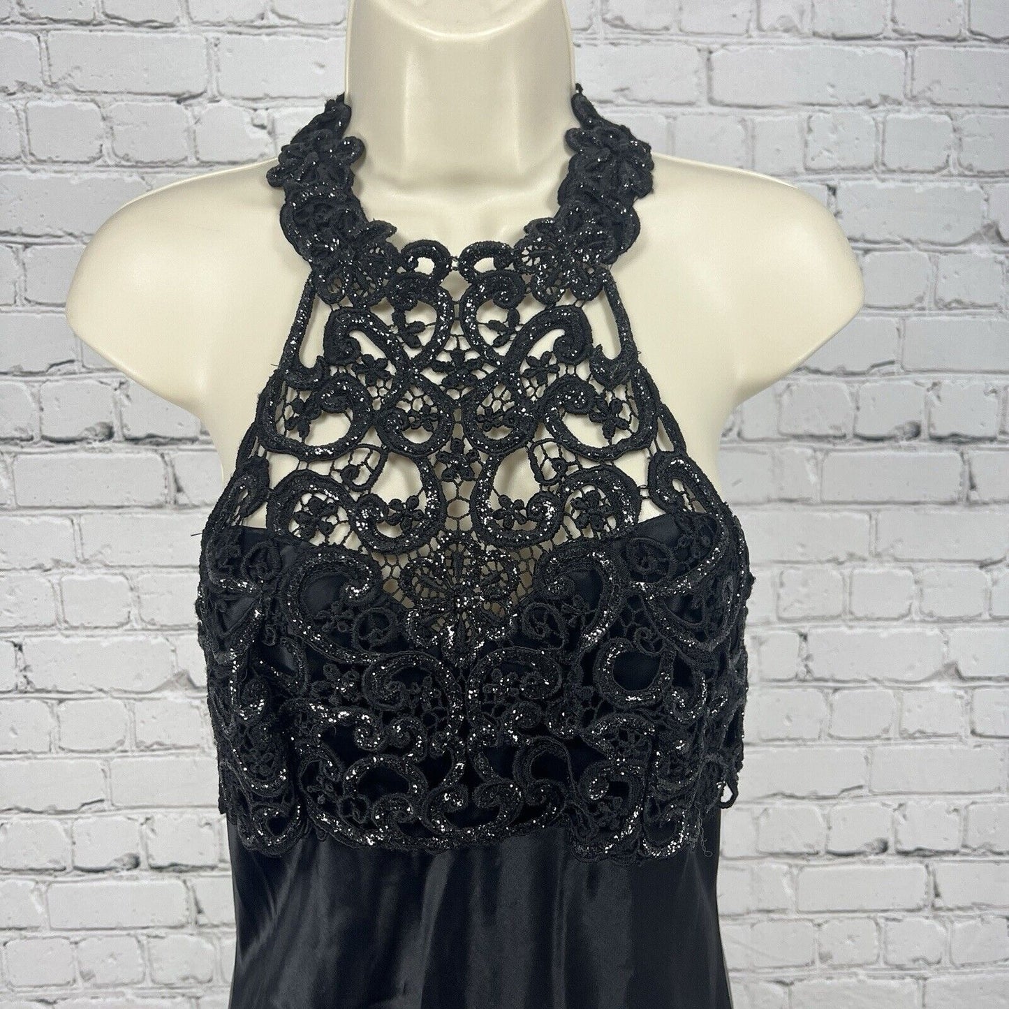 Vintage Faviana Black Glittery High Neck Halter Satin Maxi Dress Gown USA 7/8