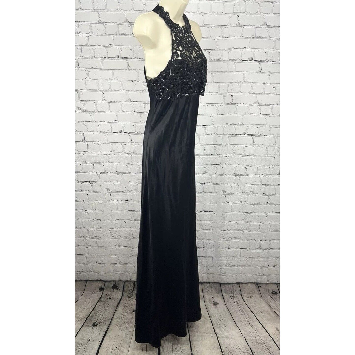 Vintage Faviana Black Glittery High Neck Halter Satin Maxi Dress Gown USA 7/8
