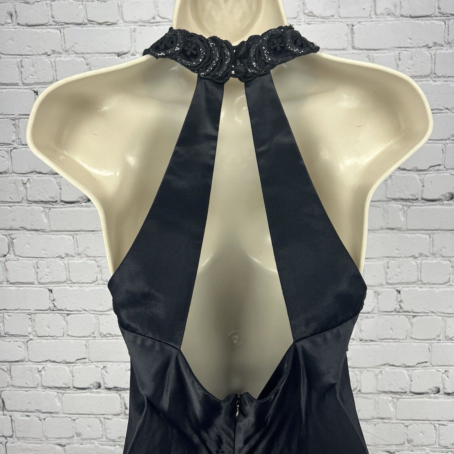 Vintage Faviana Black Glittery High Neck Halter Satin Maxi Dress Gown USA 7/8