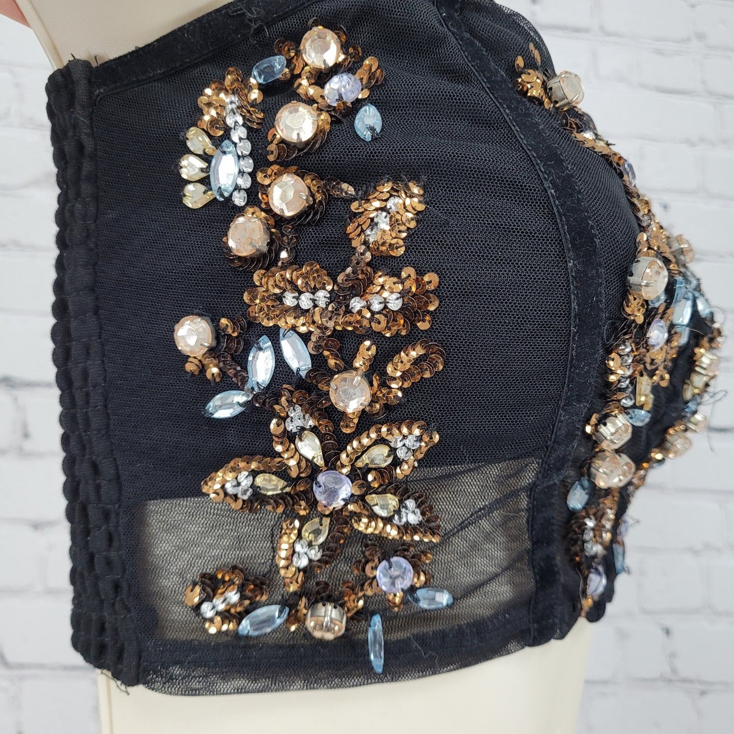 Intimately Free People Black Rhinestone Sequin Mesh Crop Top Bustier Size XS