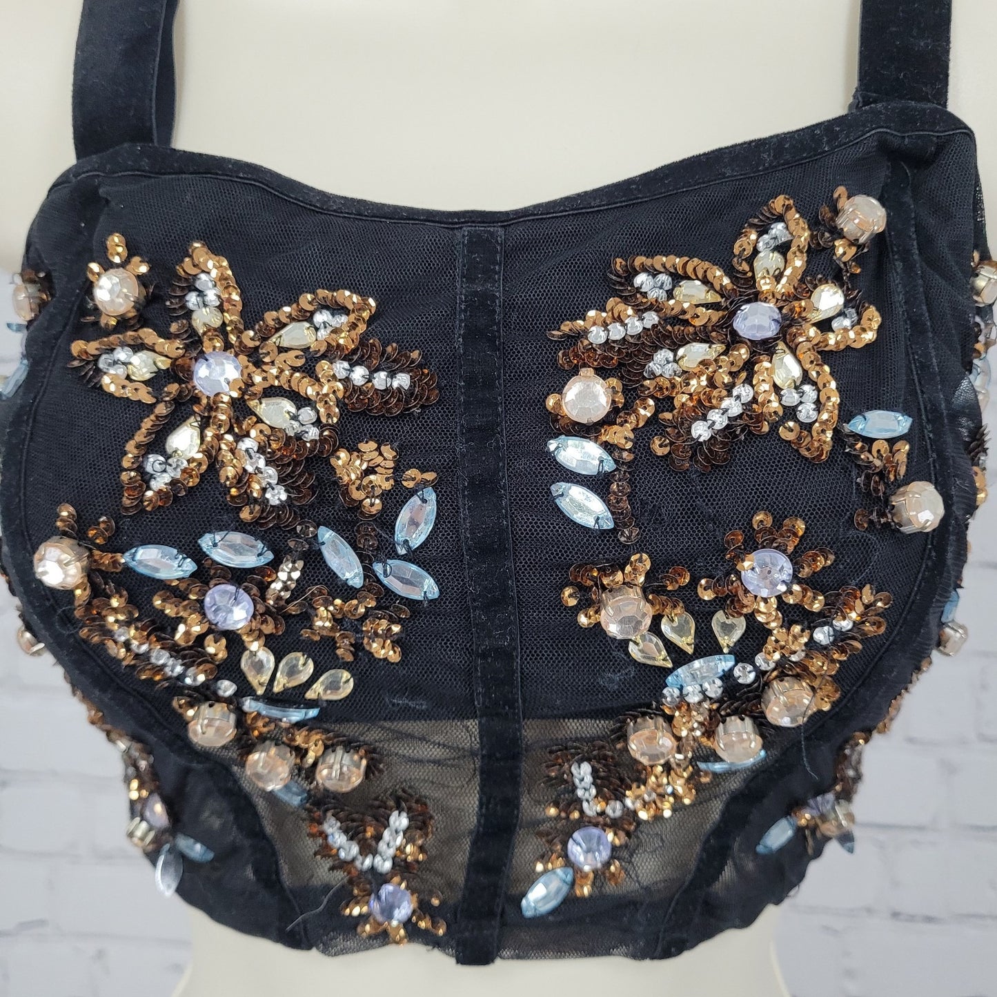 Intimately Free People Black Rhinestone Sequin Mesh Crop Top Bustier Size XS