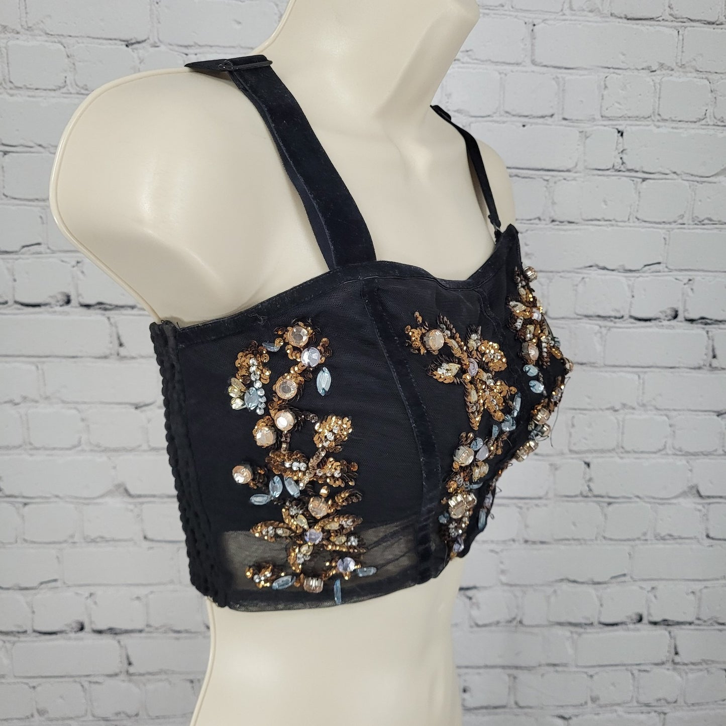 Intimately Free People Black Rhinestone Sequin Mesh Crop Top Bustier Size XS