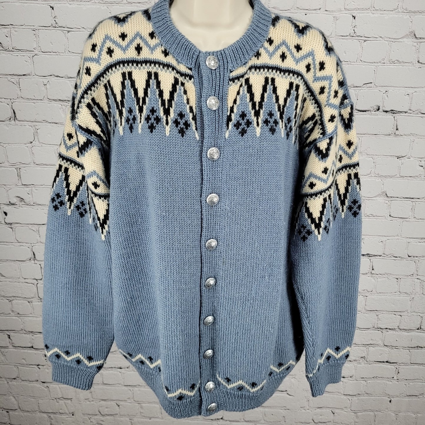 VTG Lulle Otterstad Blue Fair Isle Cardigan Sweater Handmade Norway Size Large L