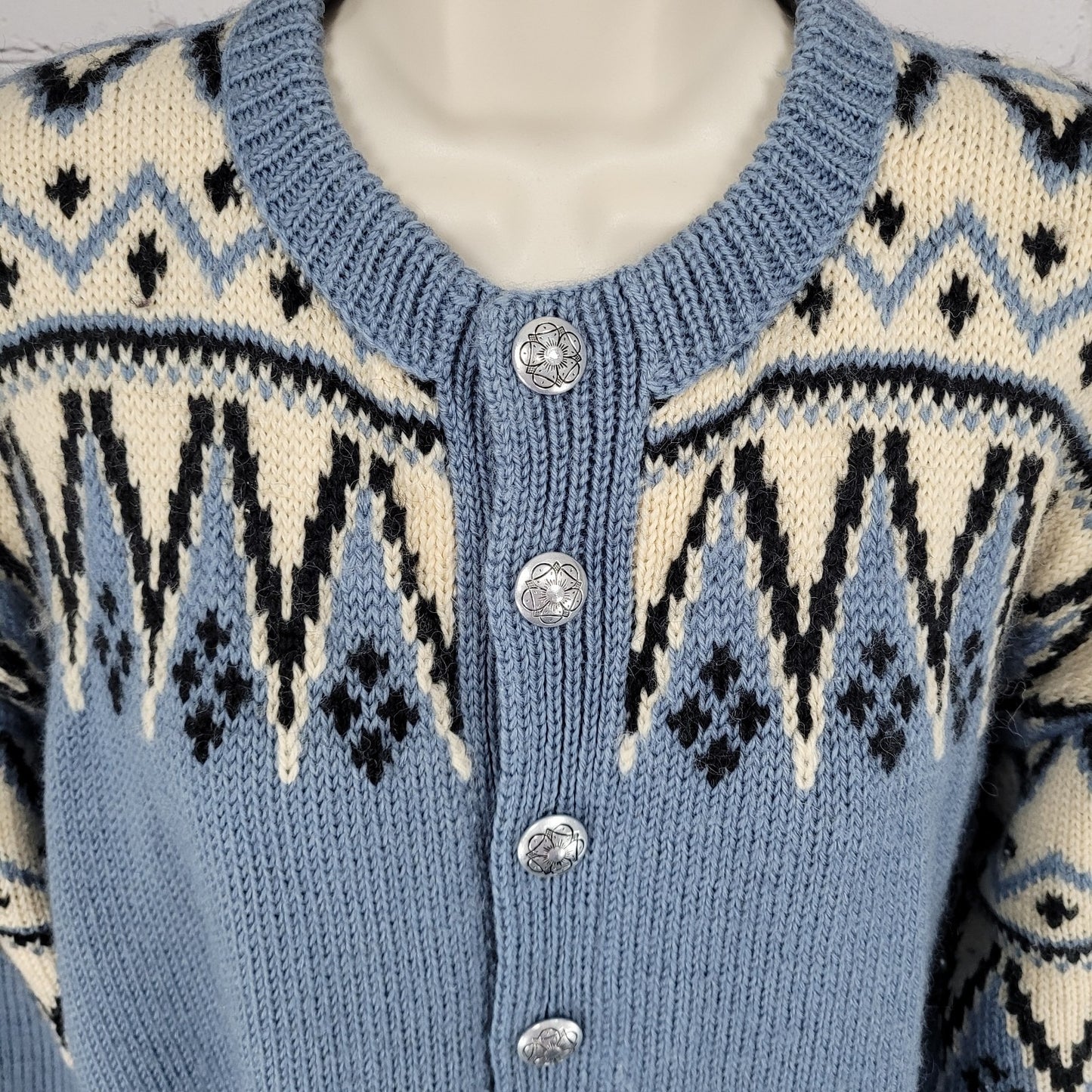 VTG Lulle Otterstad Blue Fair Isle Cardigan Sweater Handmade Norway Size Large L