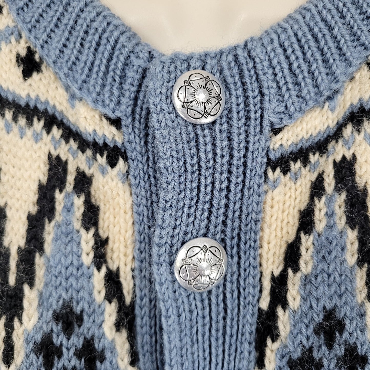 VTG Lulle Otterstad Blue Fair Isle Cardigan Sweater Handmade Norway Size Large L