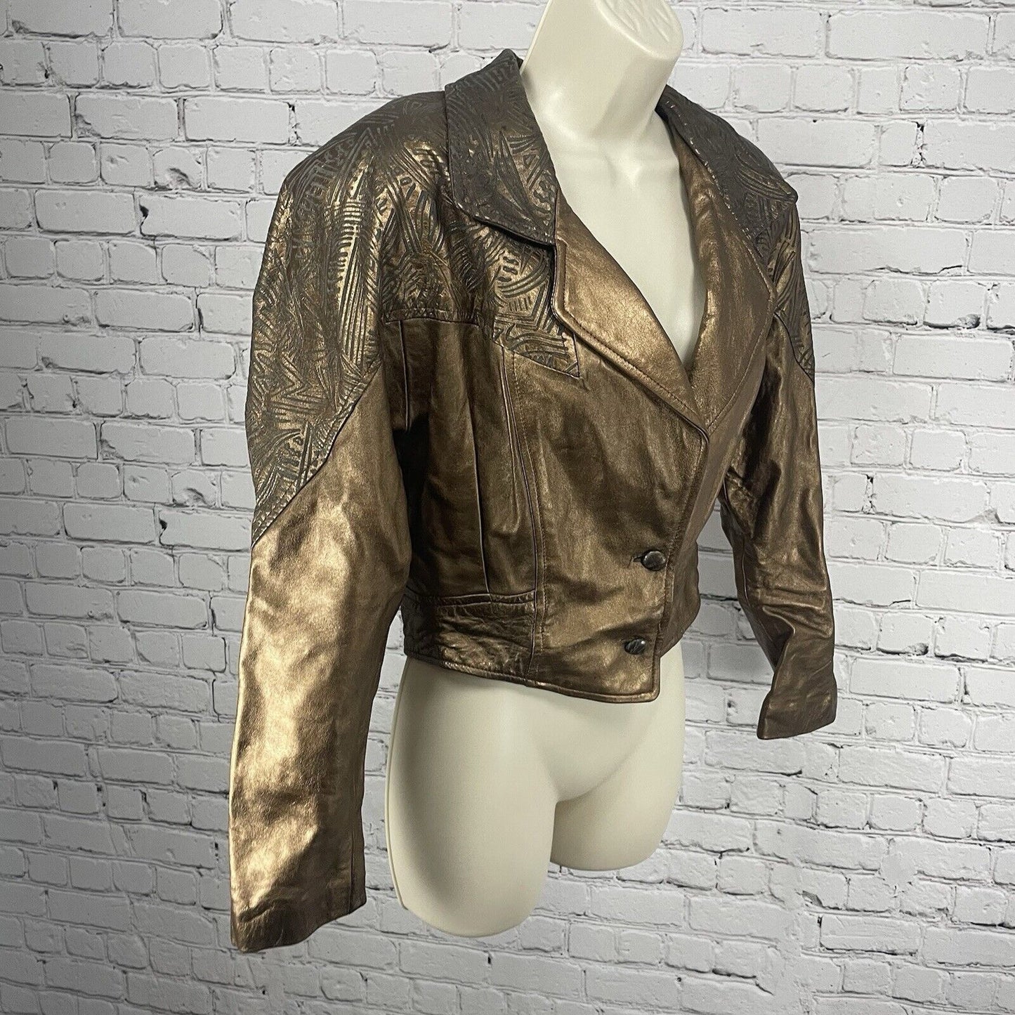 VTG EREZ Bronze Geometric Print Cropped Collared Jacket USA Made Size Medium M