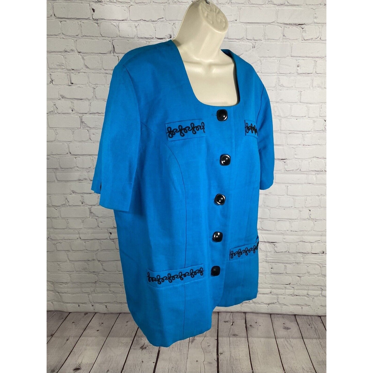 VTG Leslie Fay Blue Black Embroidered Button Up Tunic Blouse Women’s PXL