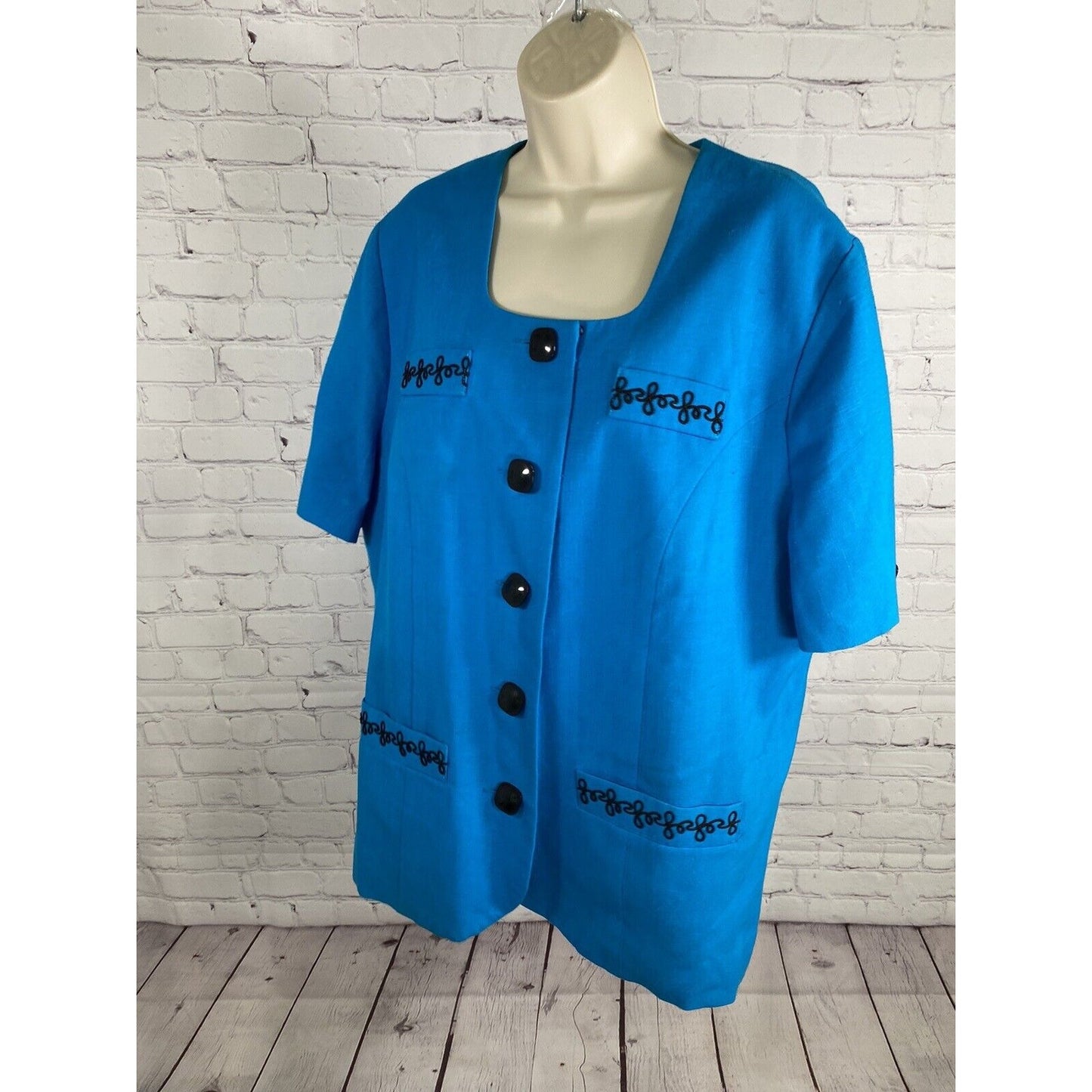 VTG Leslie Fay Blue Black Embroidered Button Up Tunic Blouse Women’s PXL