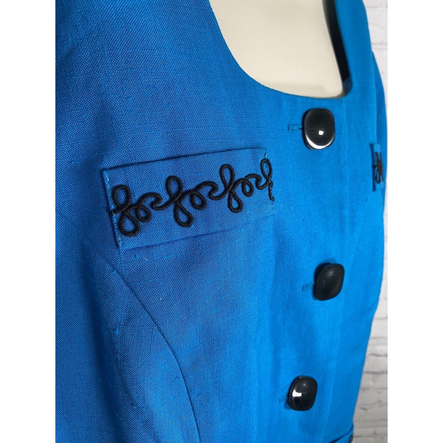 VTG Leslie Fay Blue Black Embroidered Button Up Tunic Blouse Women’s PXL