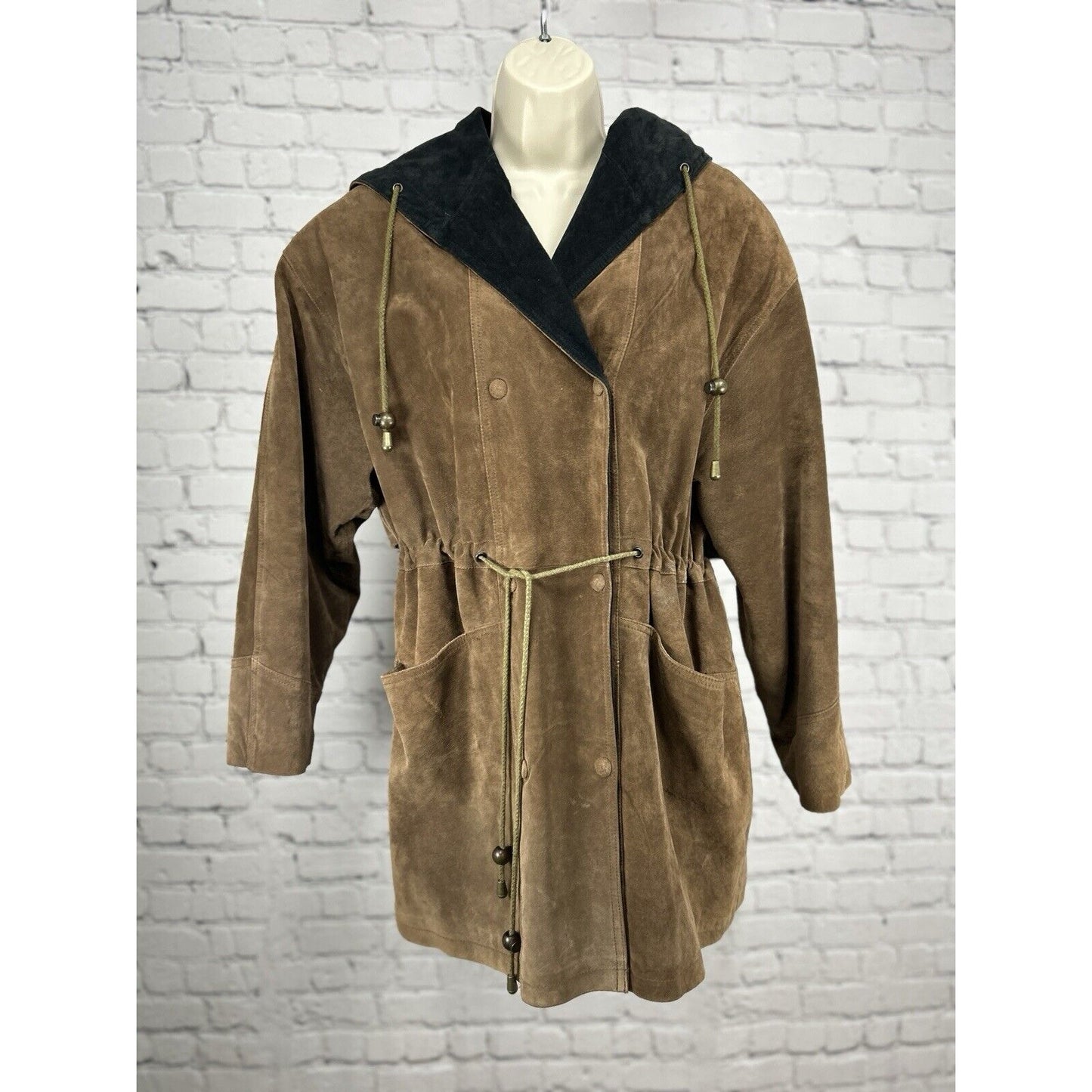 Ada Brown Leather Double Breasted Snap Button Hooded Coat Jacket Size Small S