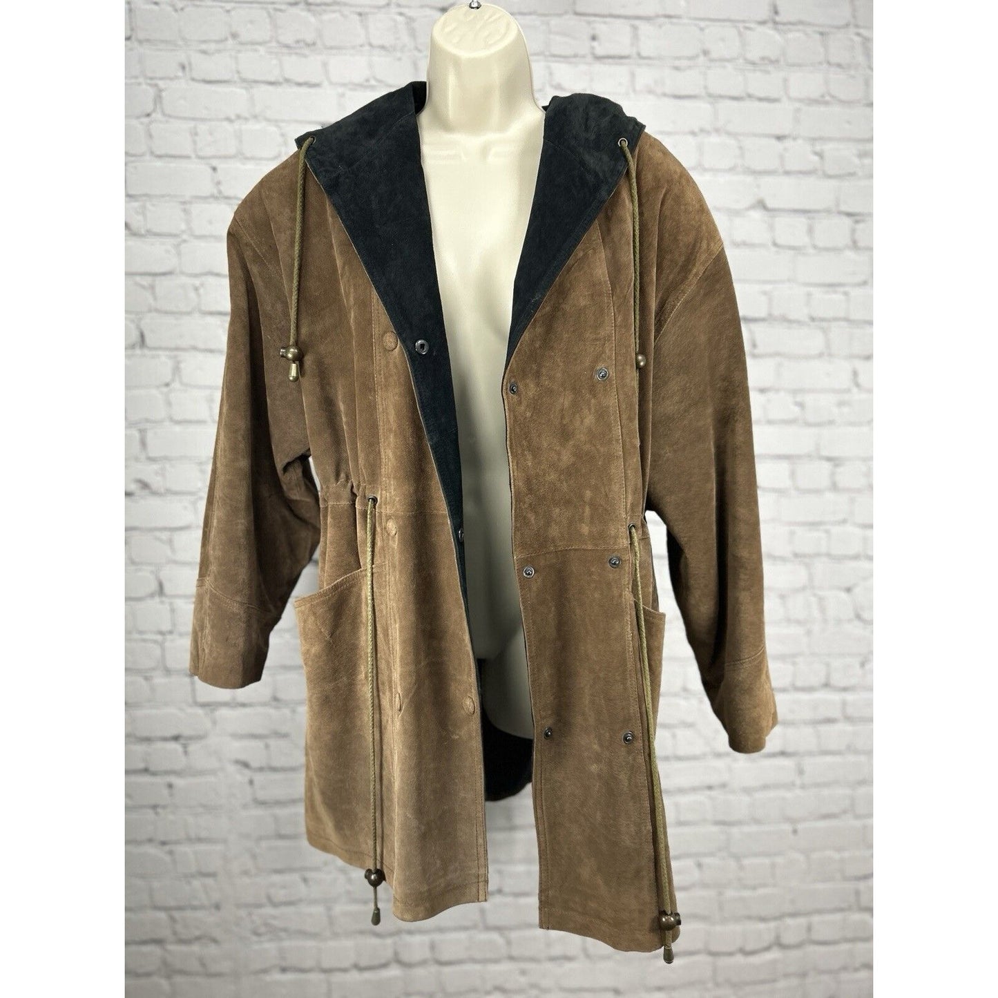 Ada Brown Leather Double Breasted Snap Button Hooded Coat Jacket Size Small S