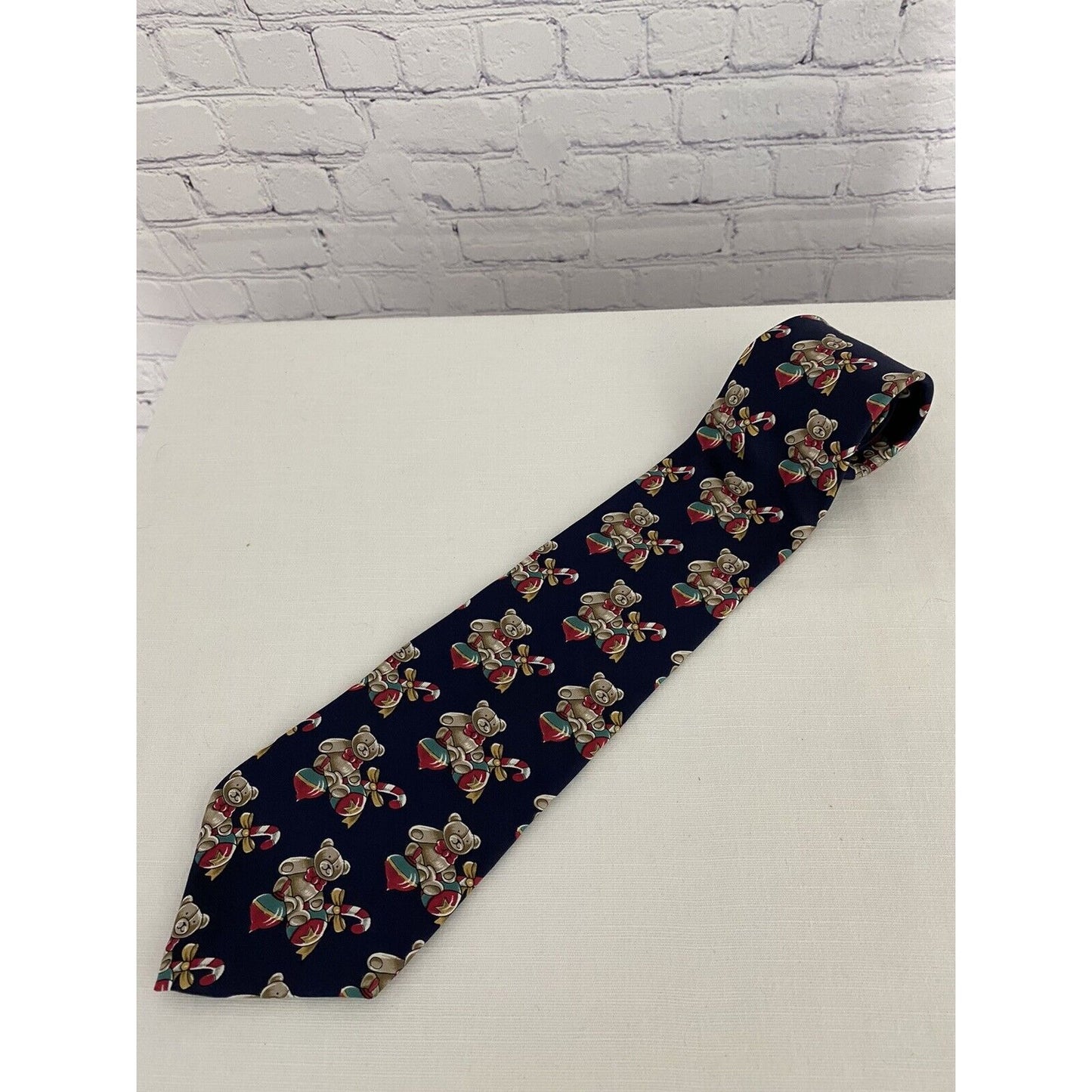 American Traditions Christmas Teddy Bear 100% Italian Silk Navy Tie 57” x 4”