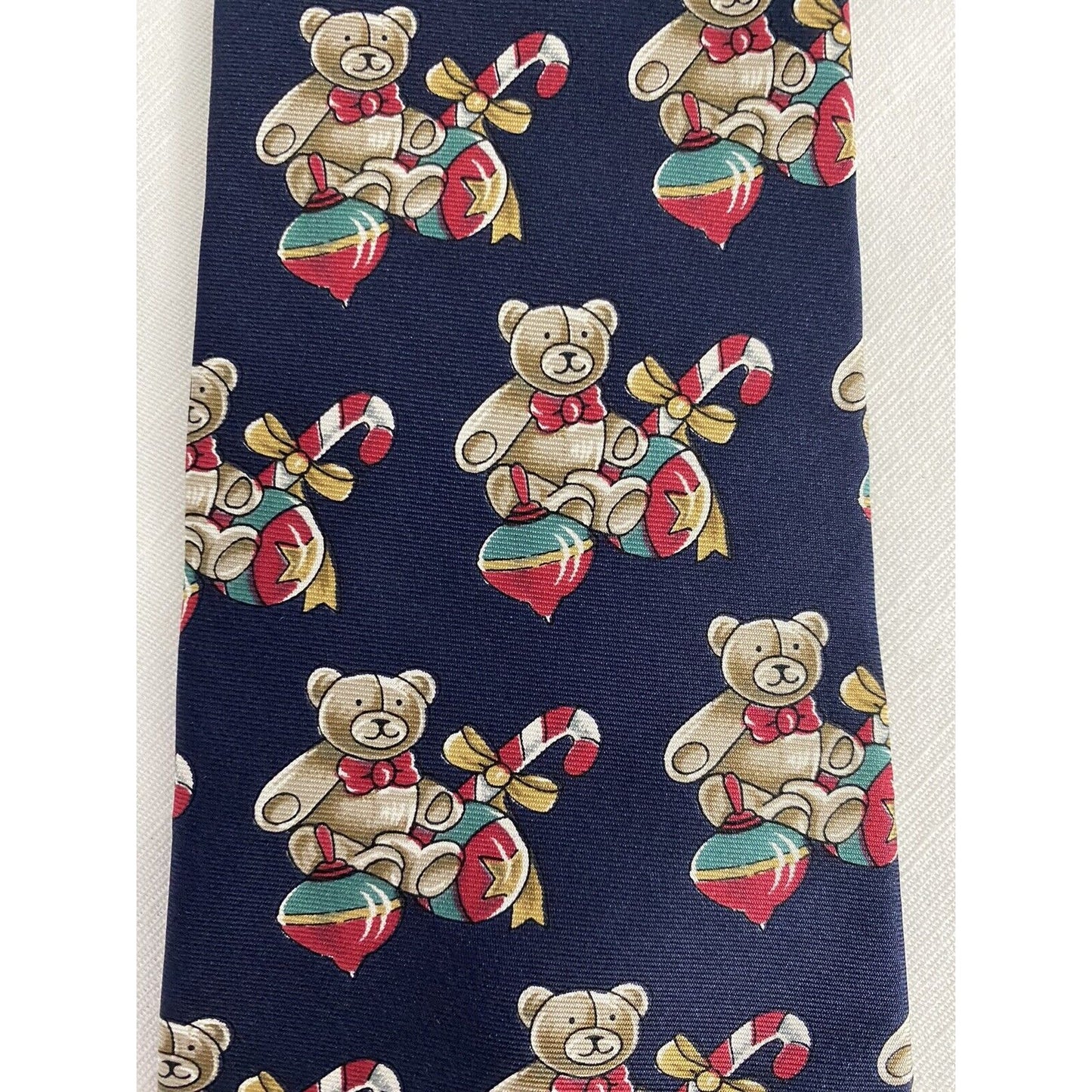 American Traditions Christmas Teddy Bear 100% Italian Silk Navy Tie 57” x 4”