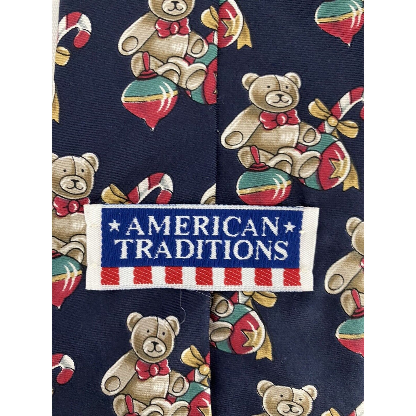 American Traditions Christmas Teddy Bear 100% Italian Silk Navy Tie 57” x 4”