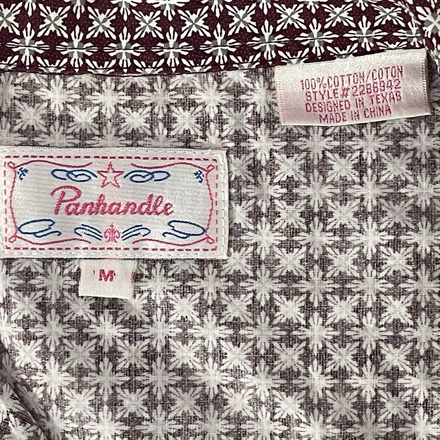 Panhandle Dark Red Cotton Print Button Up Long Sleeve Collared Size Medium M