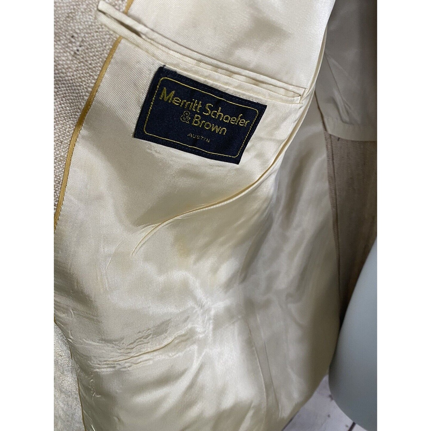 Vintage Merritt Schaefer & Brown Woven Tan 100% Pure Silk Blazer Men’s 46R