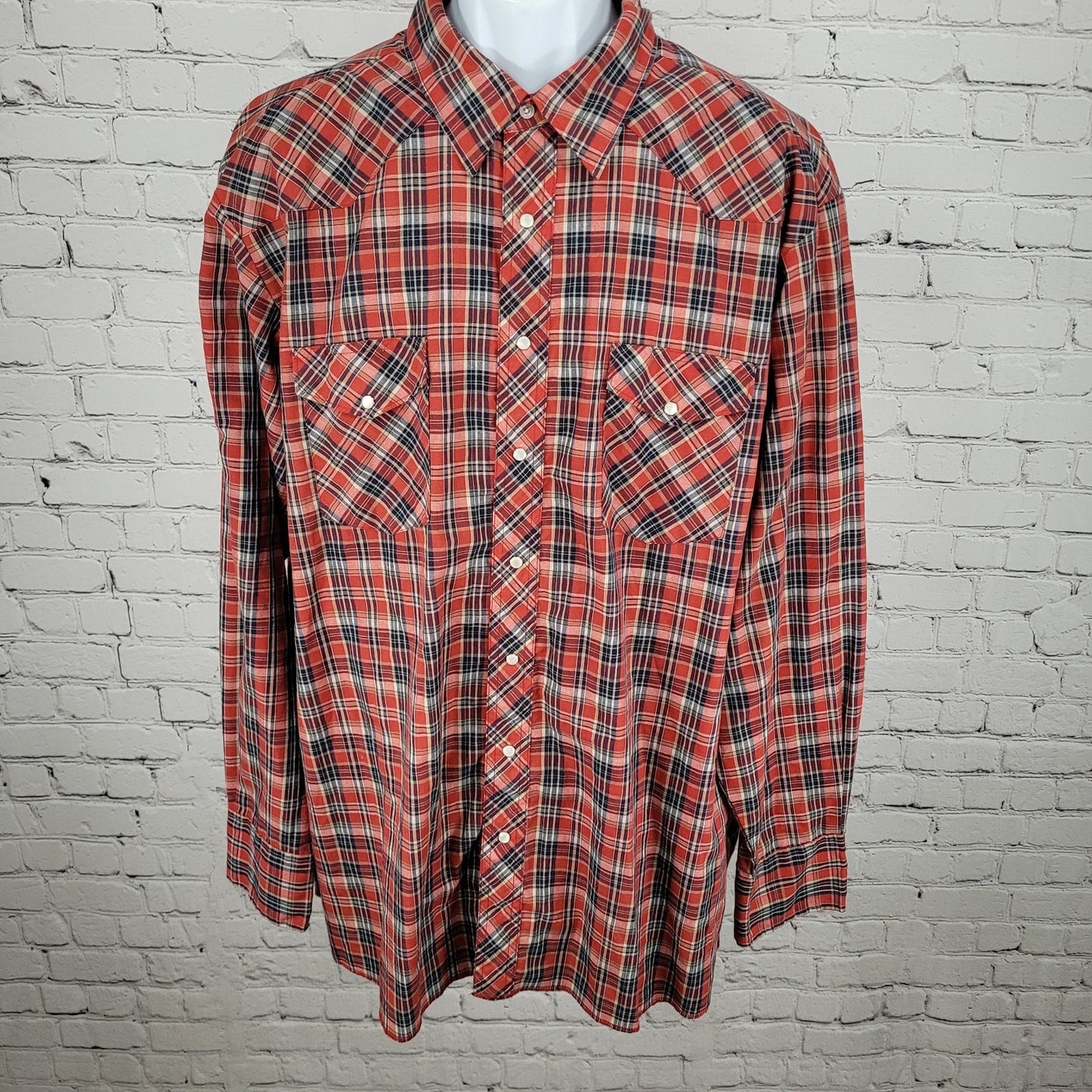 VTG Wrangler Red Plaid Western Pearl Snap Long Sleeve Lightweight Shirt Size XXL