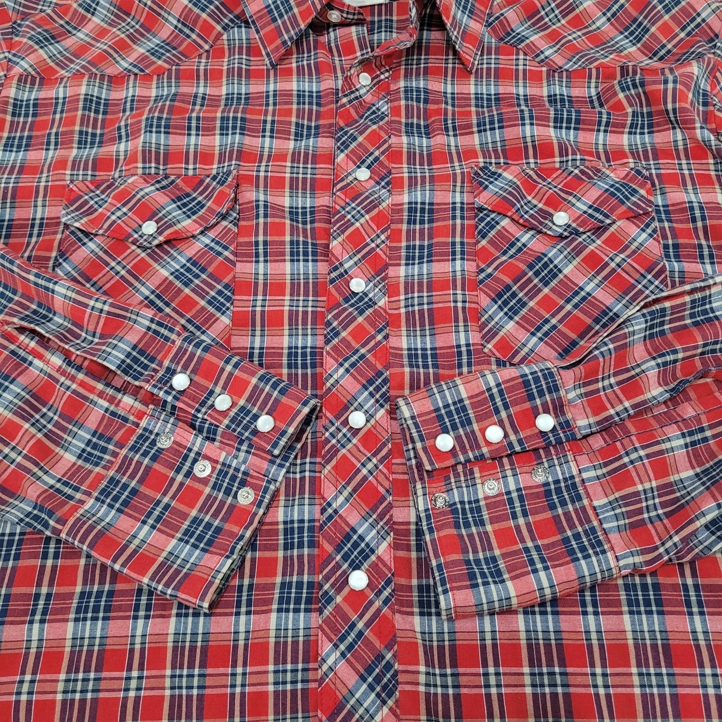 VTG Wrangler Red Plaid Western Pearl Snap Long Sleeve Lightweight Shirt Size XXL