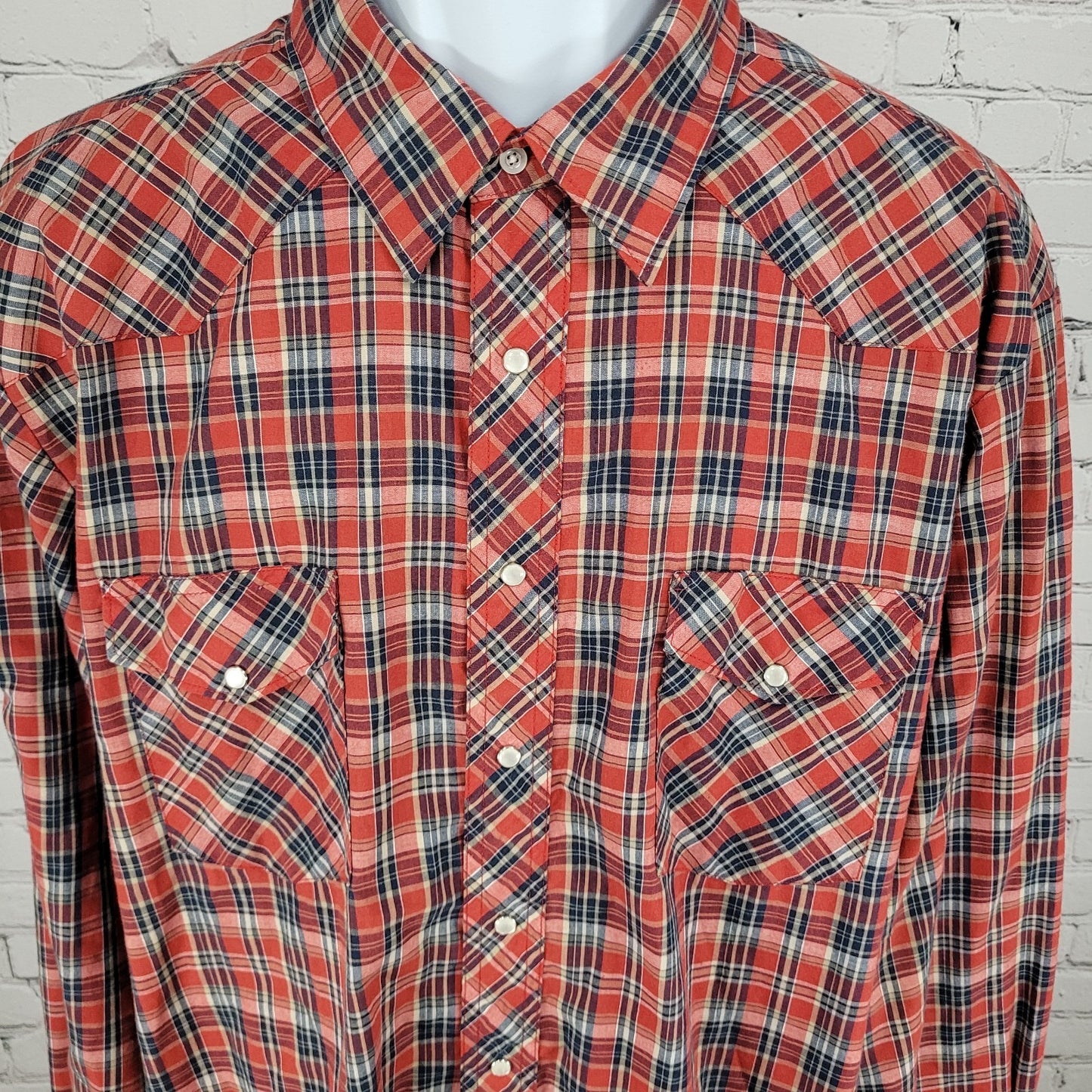 VTG Wrangler Red Plaid Western Pearl Snap Long Sleeve Lightweight Shirt Size XXL