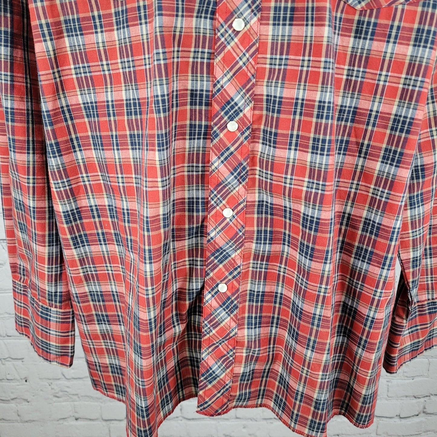 VTG Wrangler Red Plaid Western Pearl Snap Long Sleeve Lightweight Shirt Size XXL