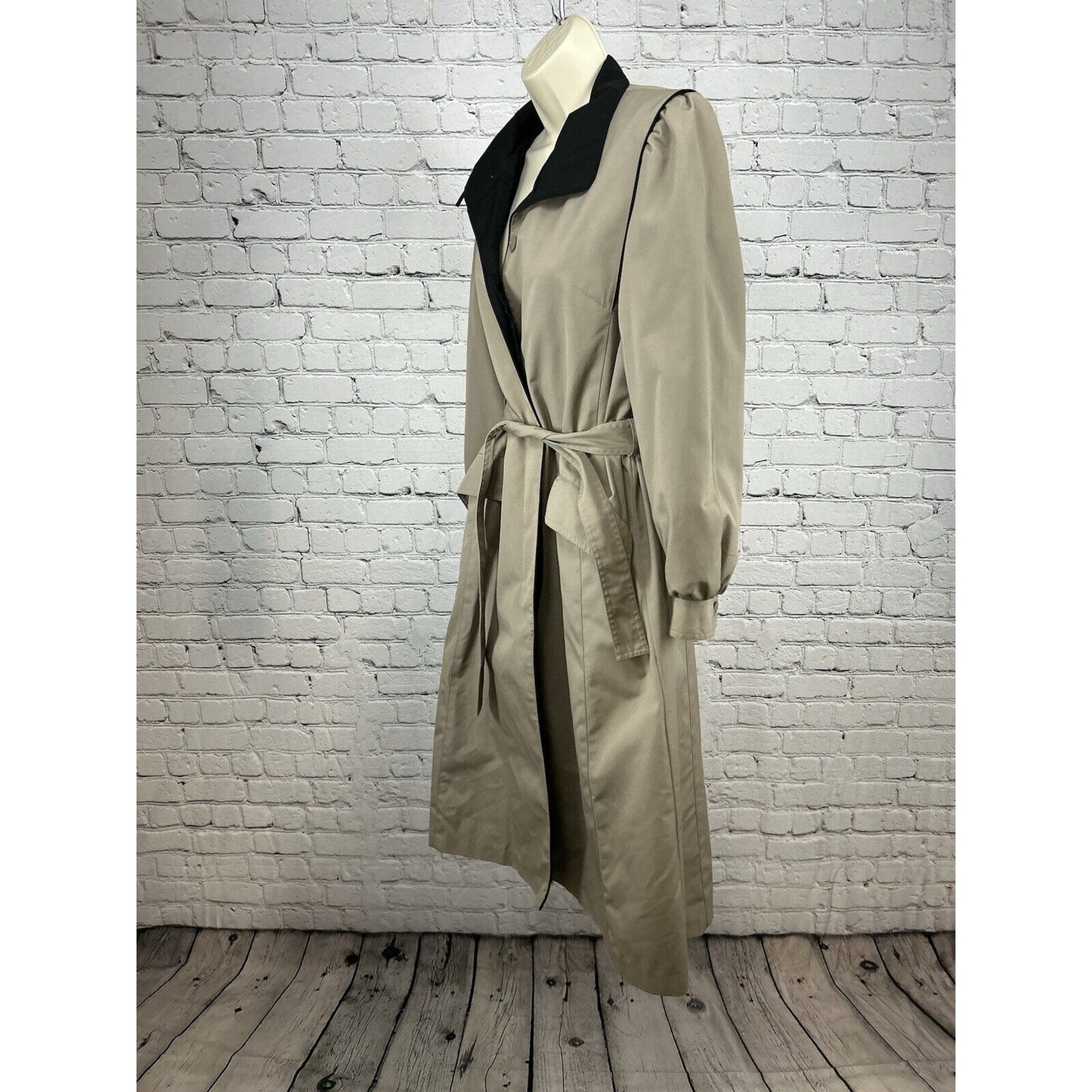 VTG Foxland By Lanson Beige Zip Out Liner Collared Women’s Long Trench Coat 12