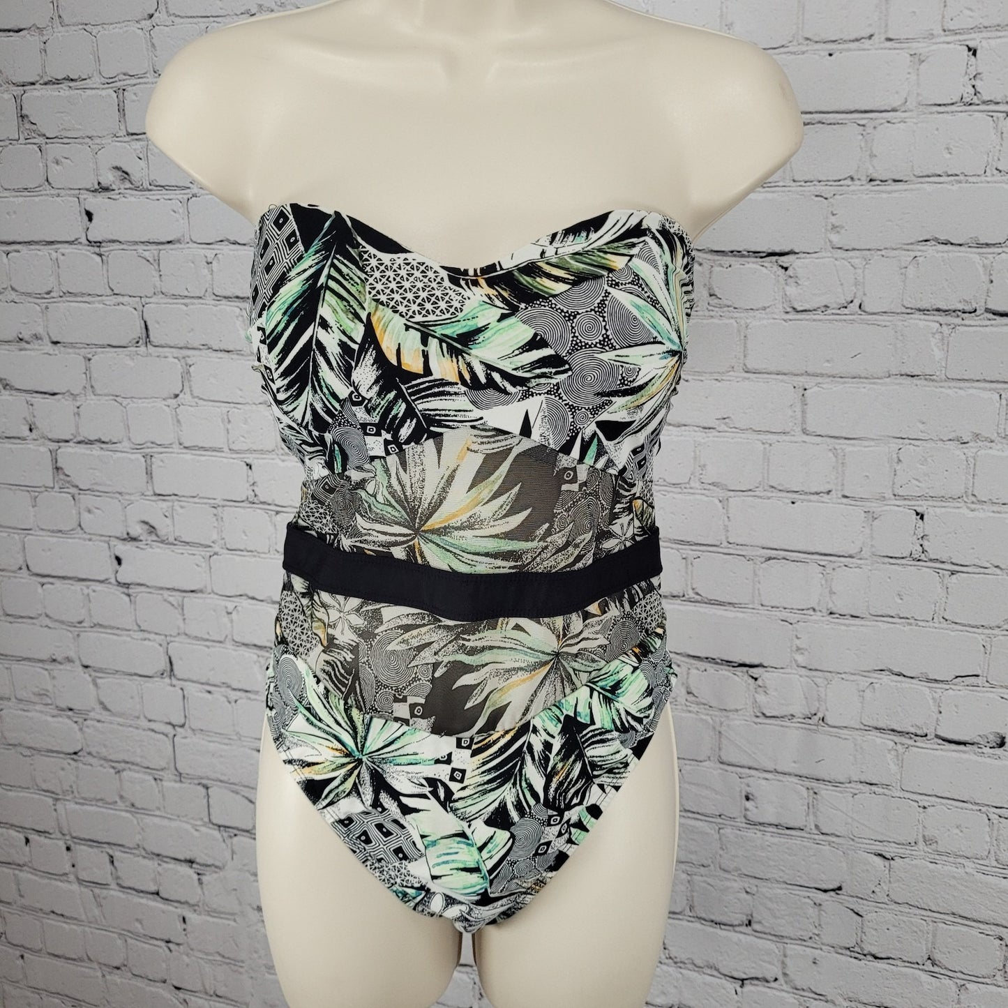 Kenneth Cole Black & White Tropical Built In Bra 1 Piece Swimsuit Size Large L