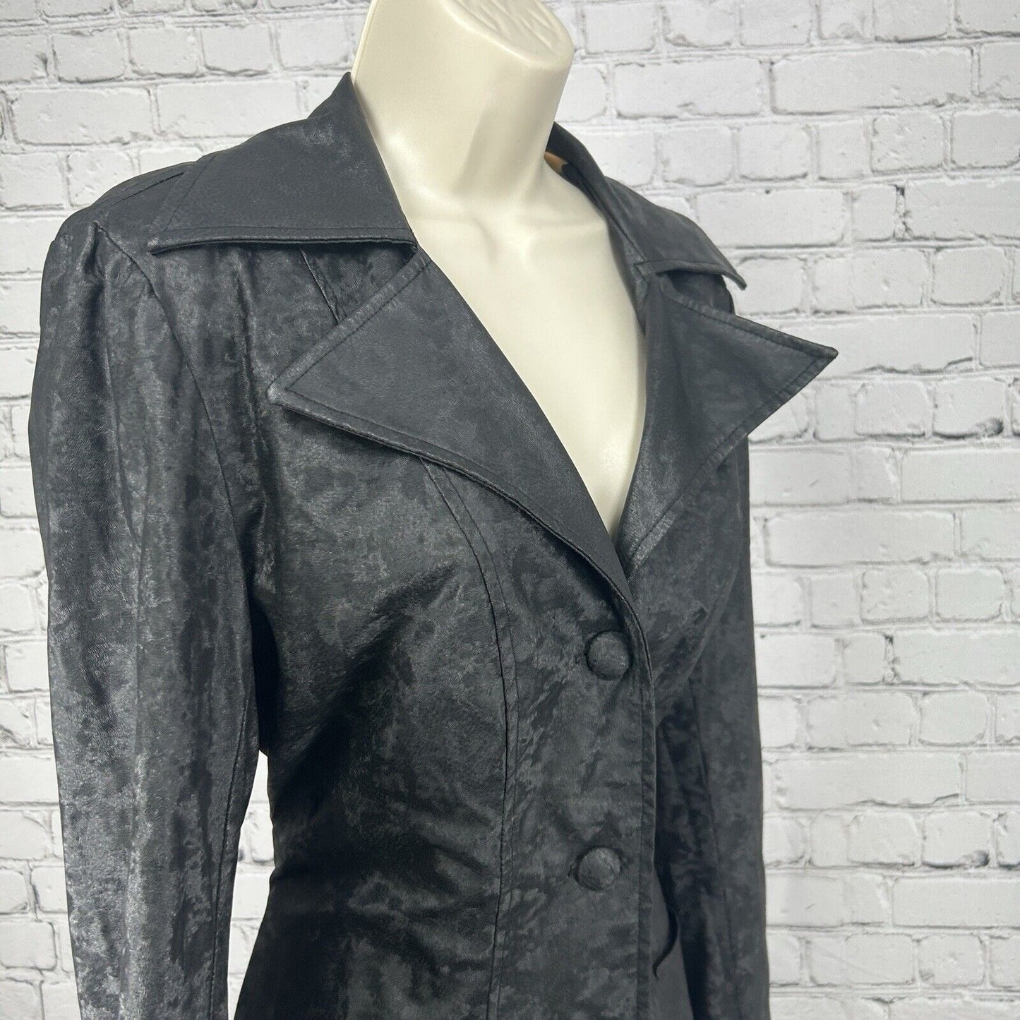 VTG Serious Black Faux Leather 100% Man Made Lined Coat USA Women’s Size Medium