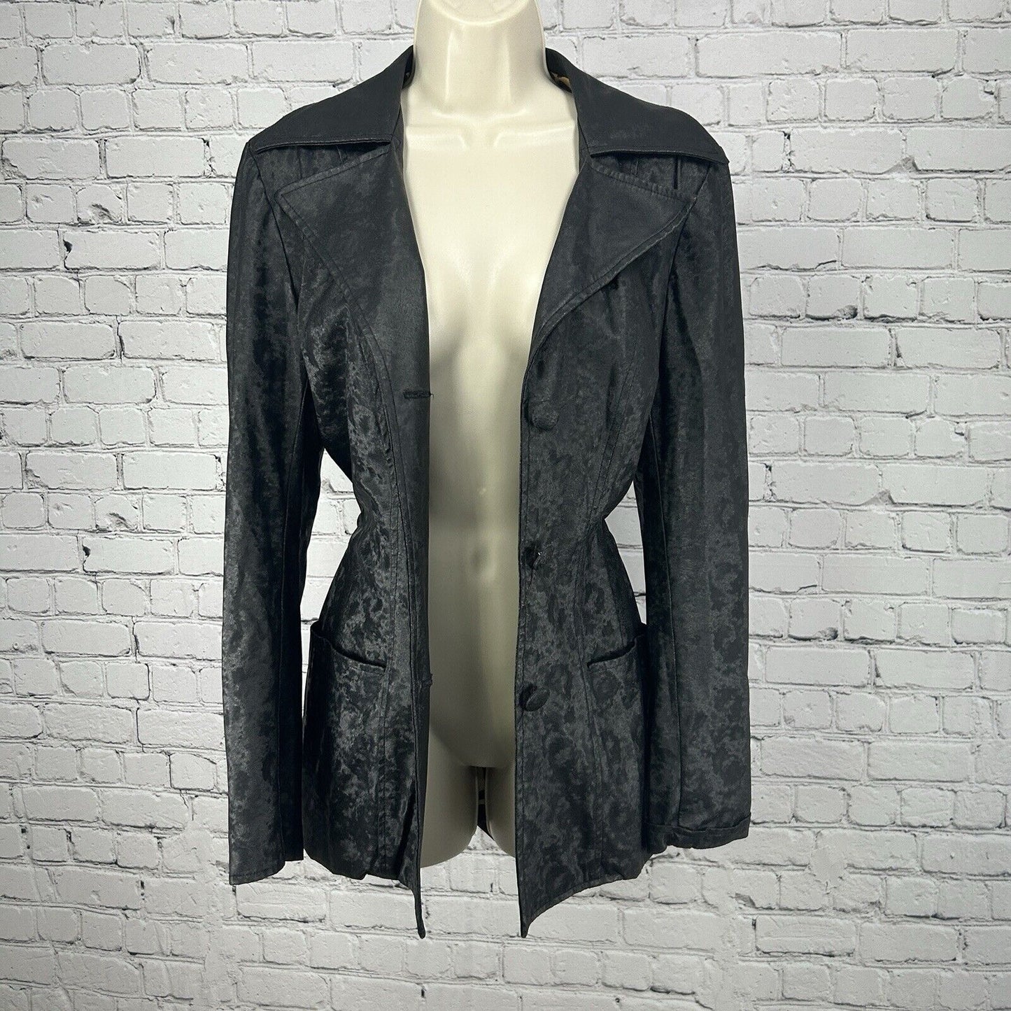 VTG Serious Black Faux Leather 100% Man Made Lined Coat USA Women’s Size Medium