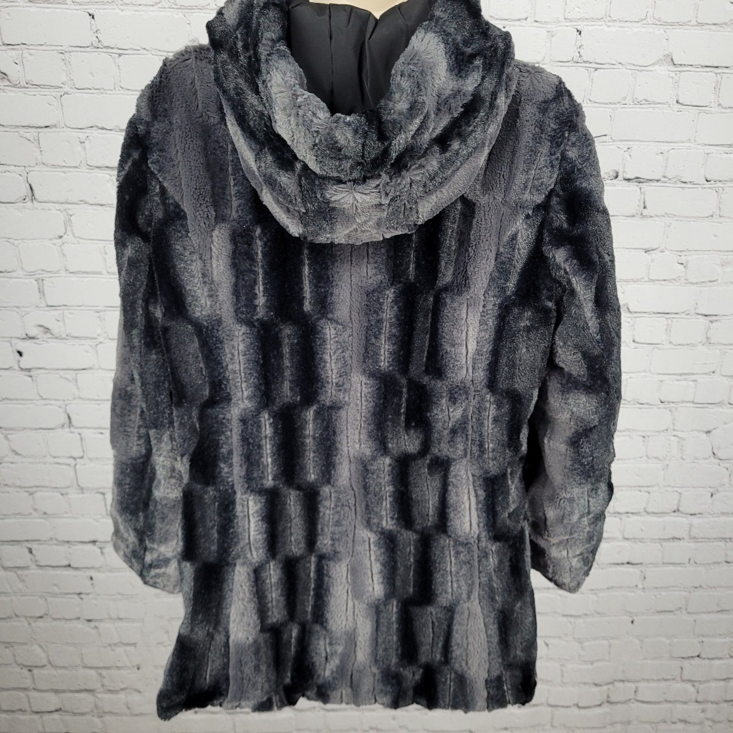 Hal Rubenstein Black & Grey Soft Faux Fur Reversible Hooded Coat Size Medium M