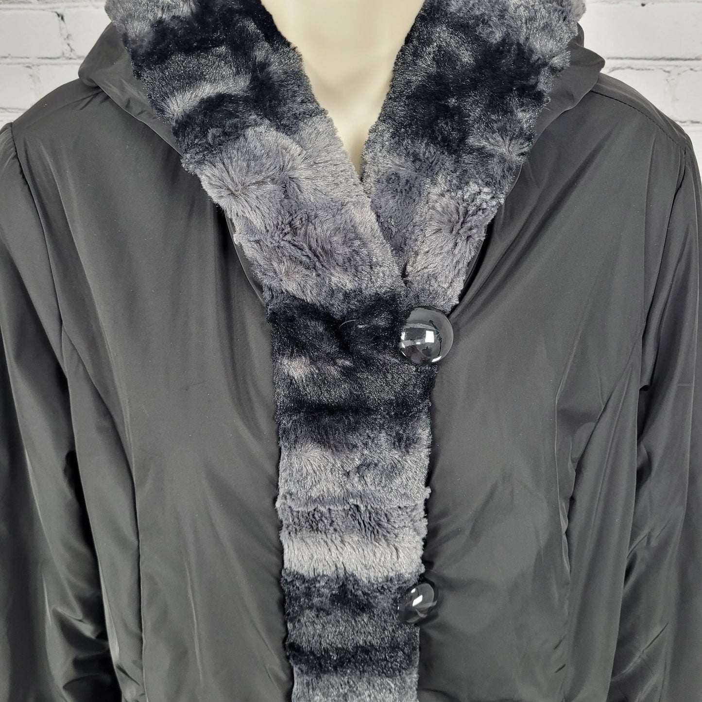Hal Rubenstein Black & Grey Soft Faux Fur Reversible Hooded Coat Size Medium M