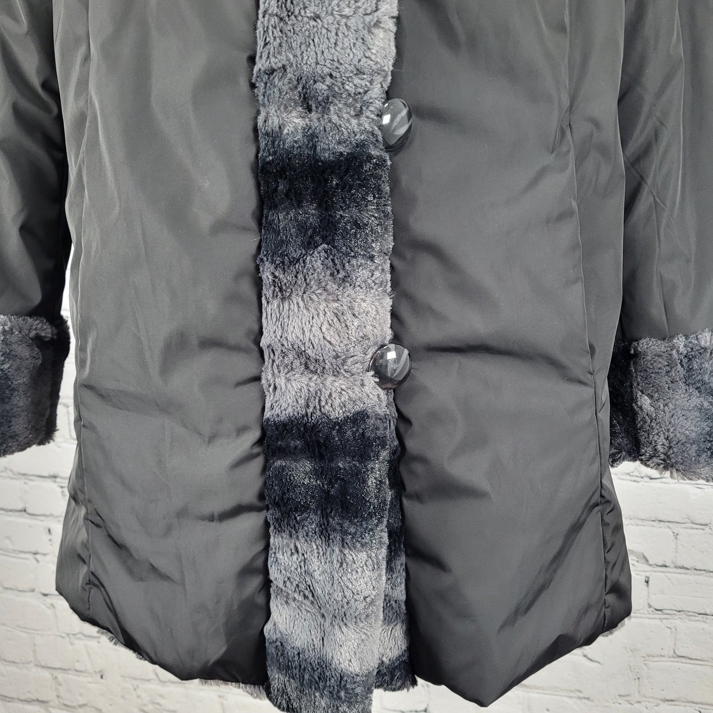 Hal Rubenstein Black & Grey Soft Faux Fur Reversible Hooded Coat Size Medium M